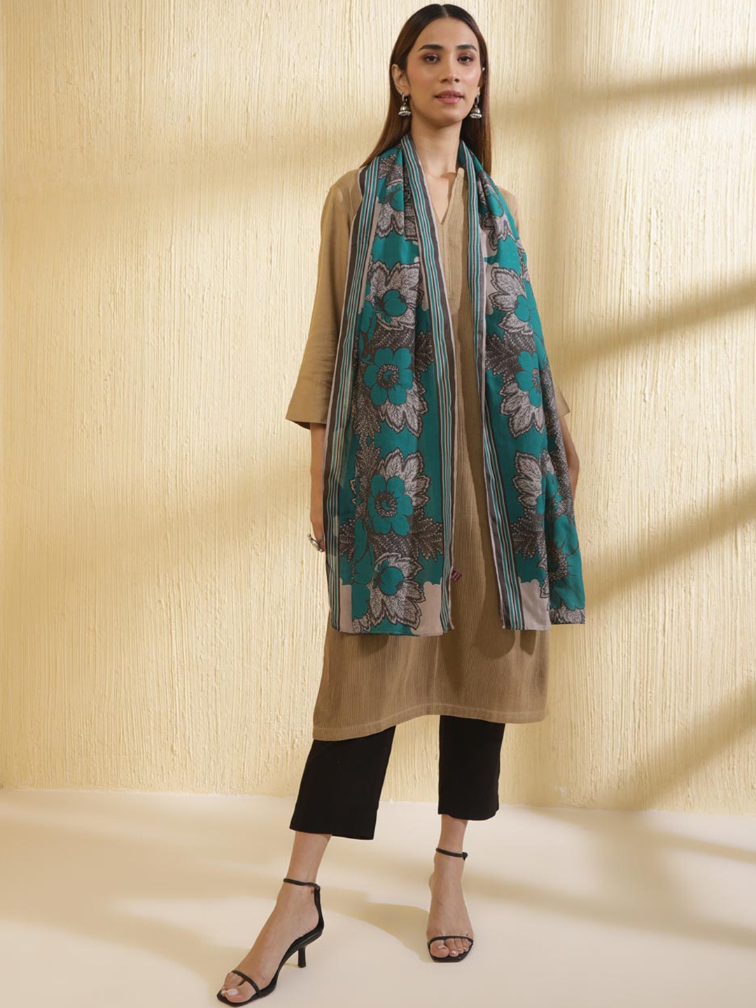 

Fabindia Floral Printed Stole, Teal