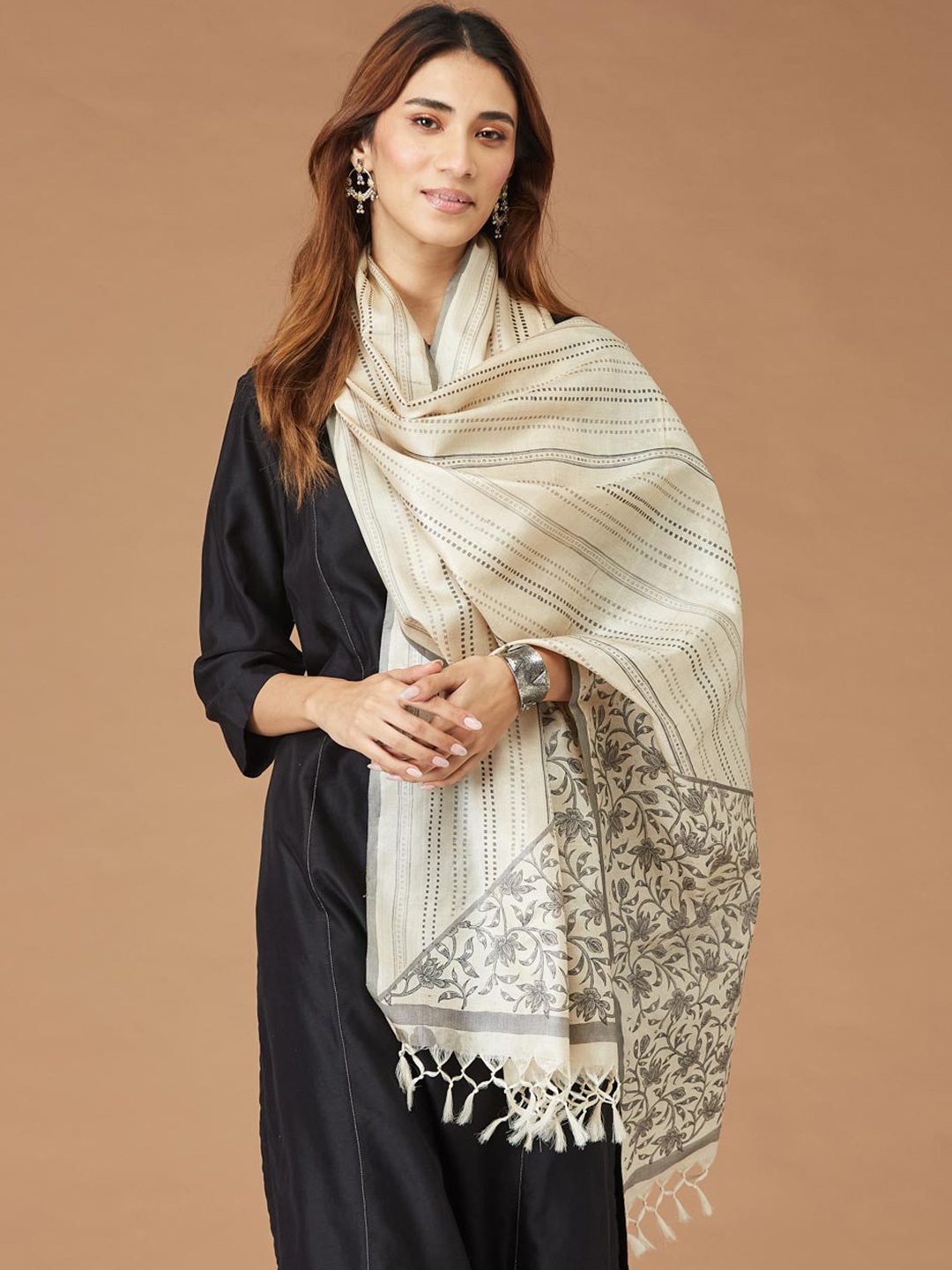 

Fabindia Striped Silk Stole, Beige