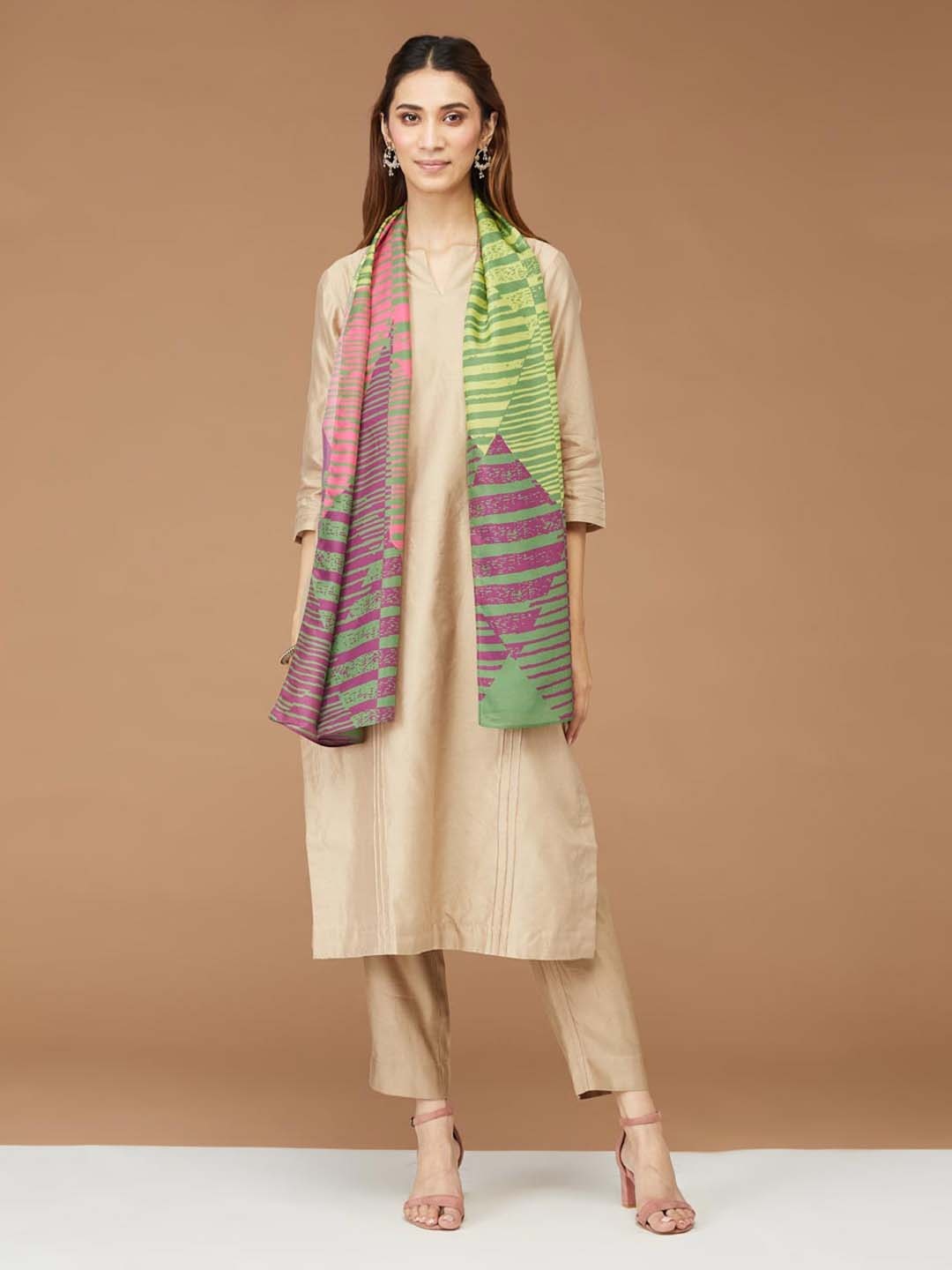 

Fabindia Striped Silk Stole, Green