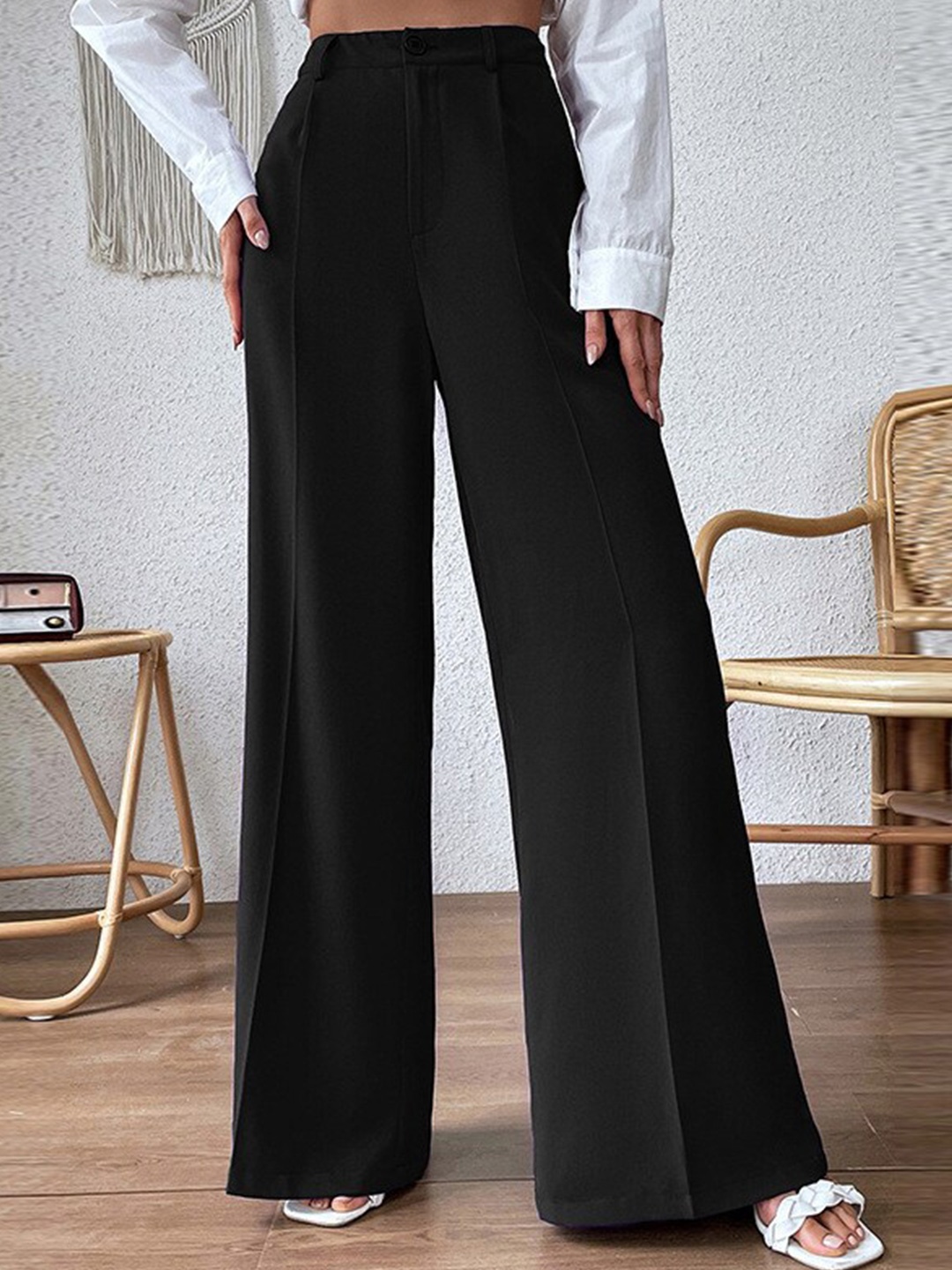 

StyleCast Women Black Loose Fit High-Rise Easy Wash Parallel Trousers