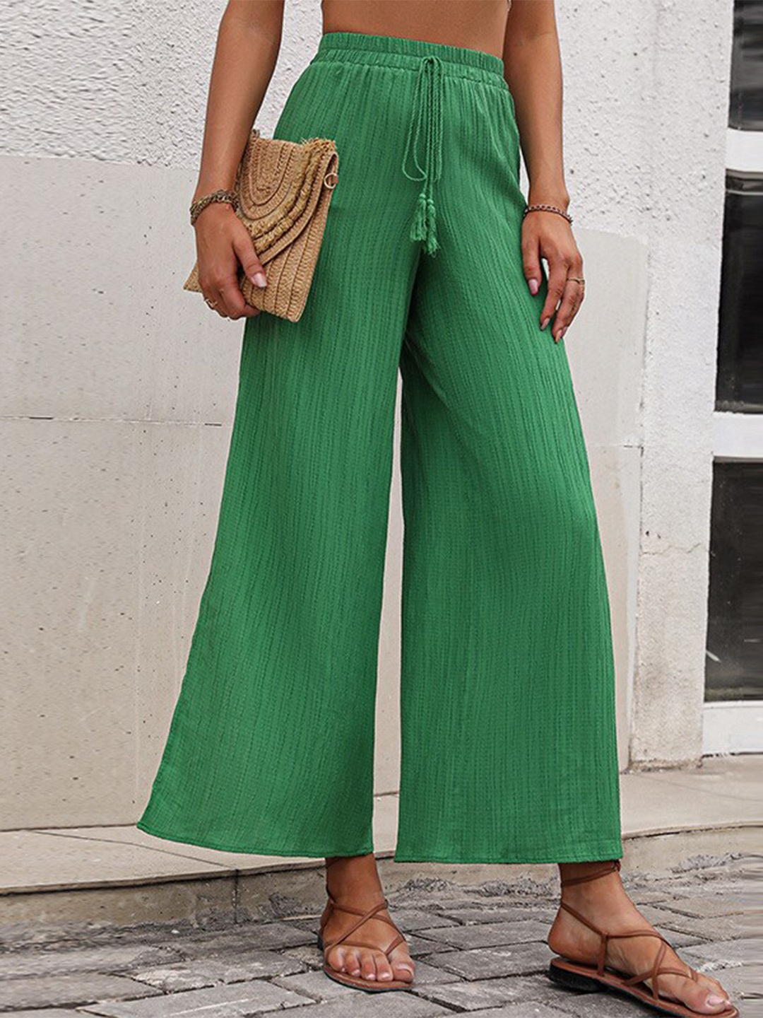 

StyleCast Women Green Loose Fit Textured High-Rise Easy Wash Parallel Trousers