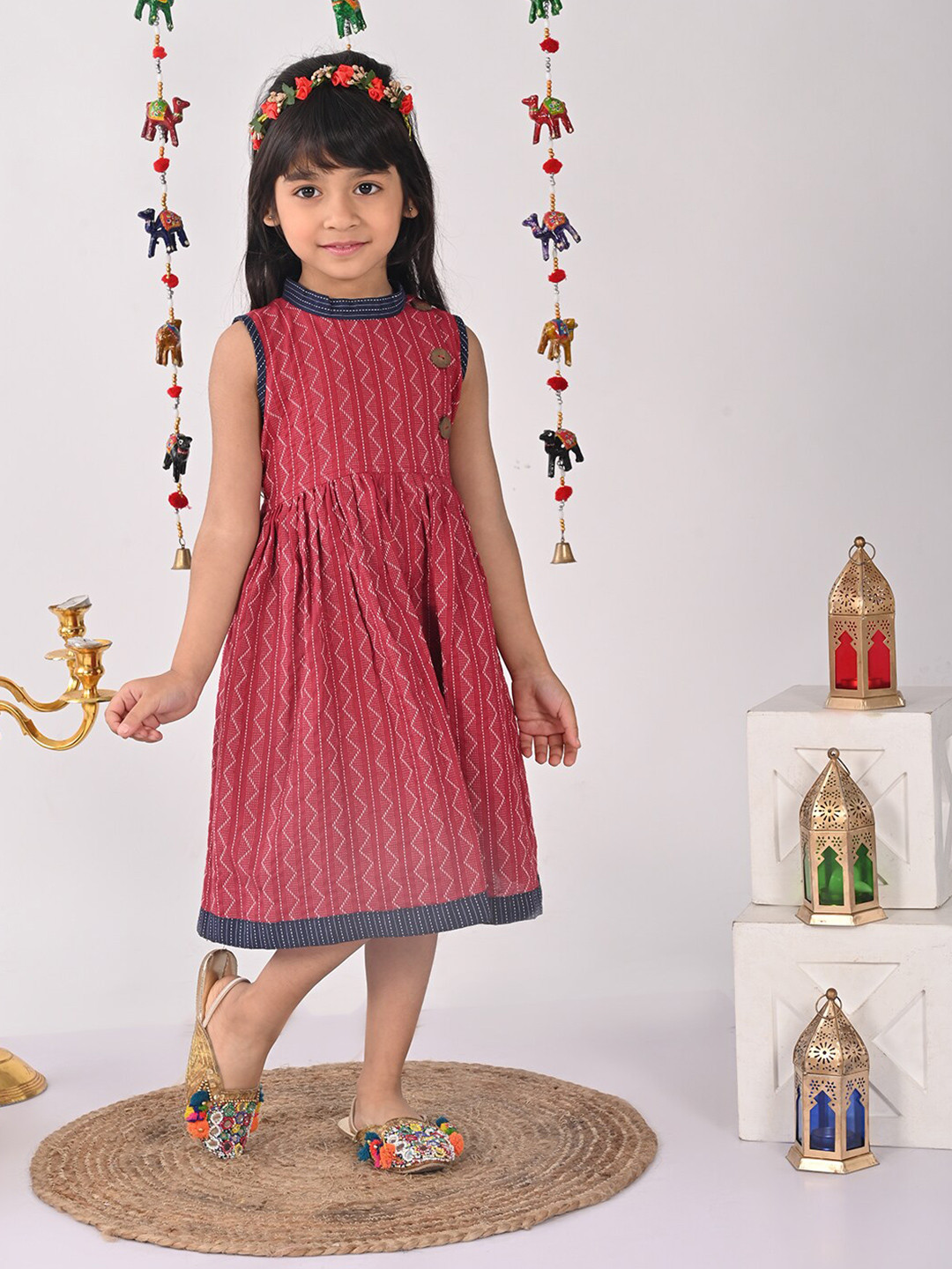 

Sangria Girls Geometric Embroidered Gathered Detail Pure Cotton A-Line Dresses, Maroon