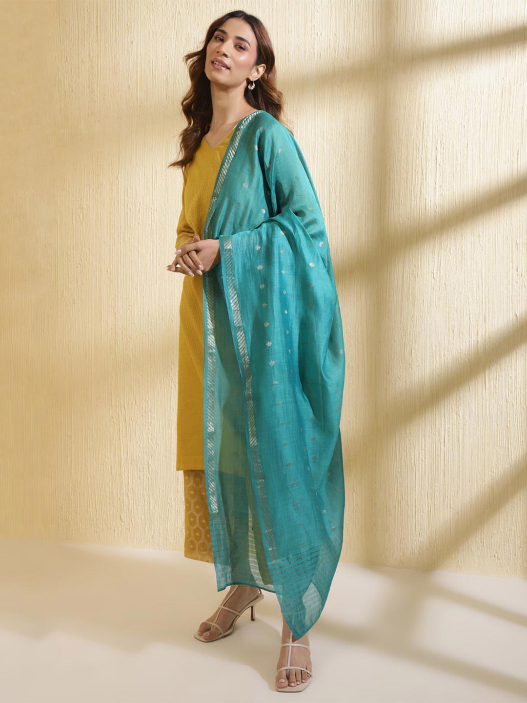 

Fabindia Ethnic Motifs Woven Design Dupatta with Zari, Teal