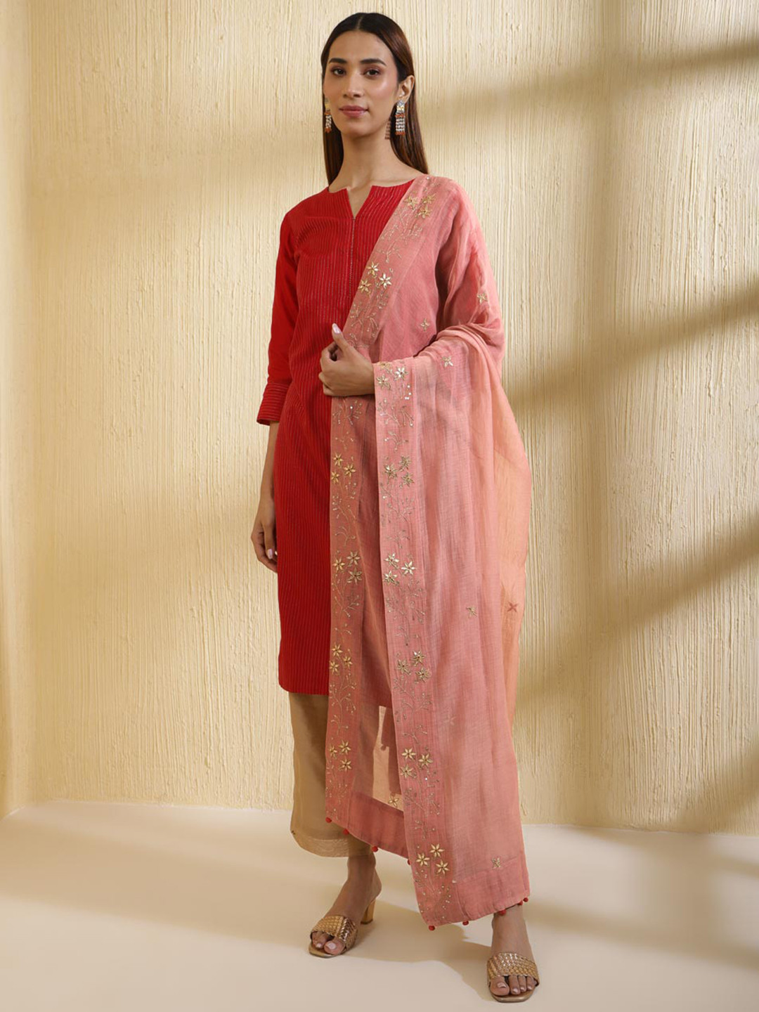 

Fabindia Ethnic Motifs Embroidered Dupatta with Beads and Stones, Pink