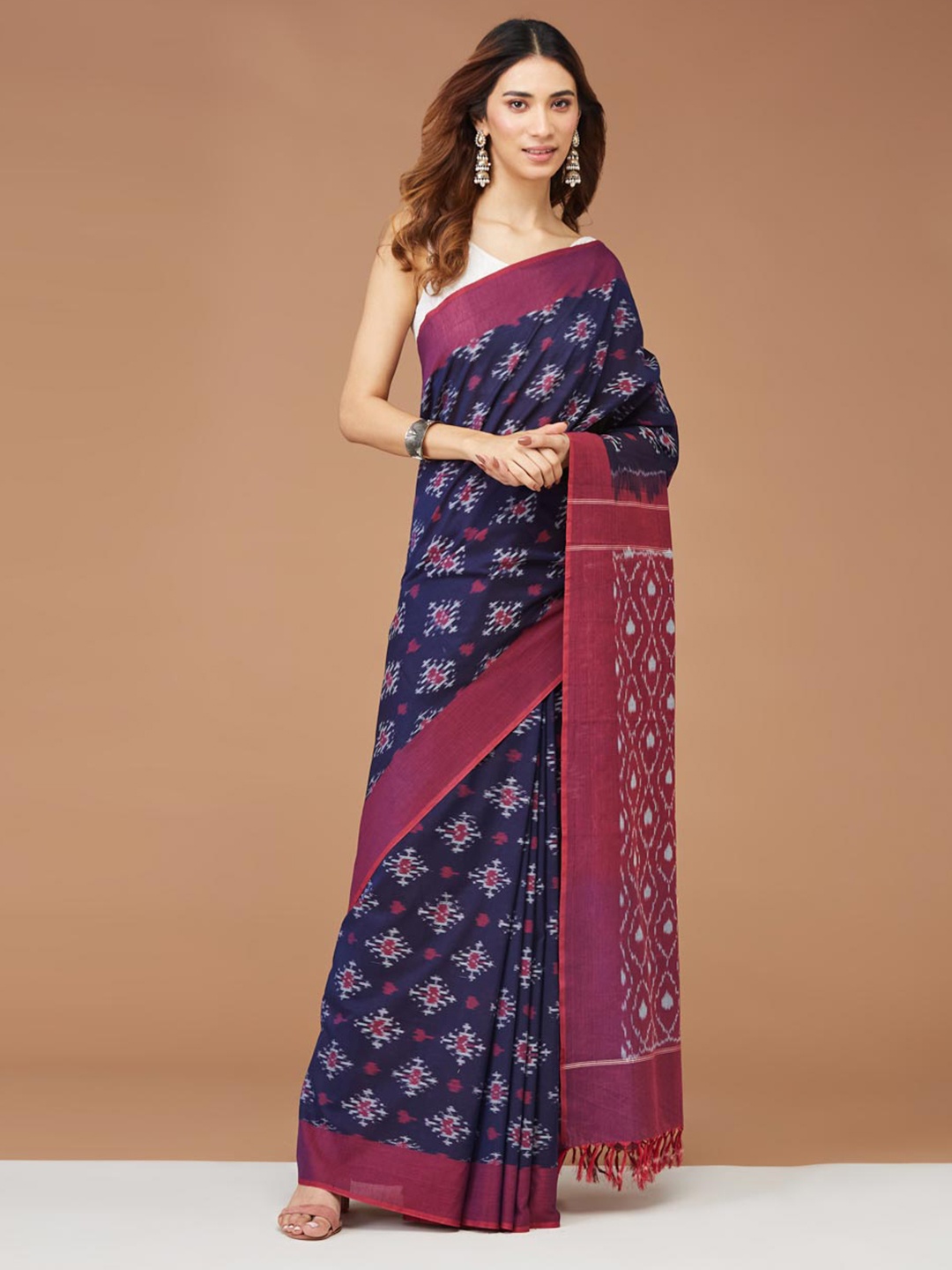 

Fabindia Ethnic Motifs Printed Cotton Saree, Navy blue