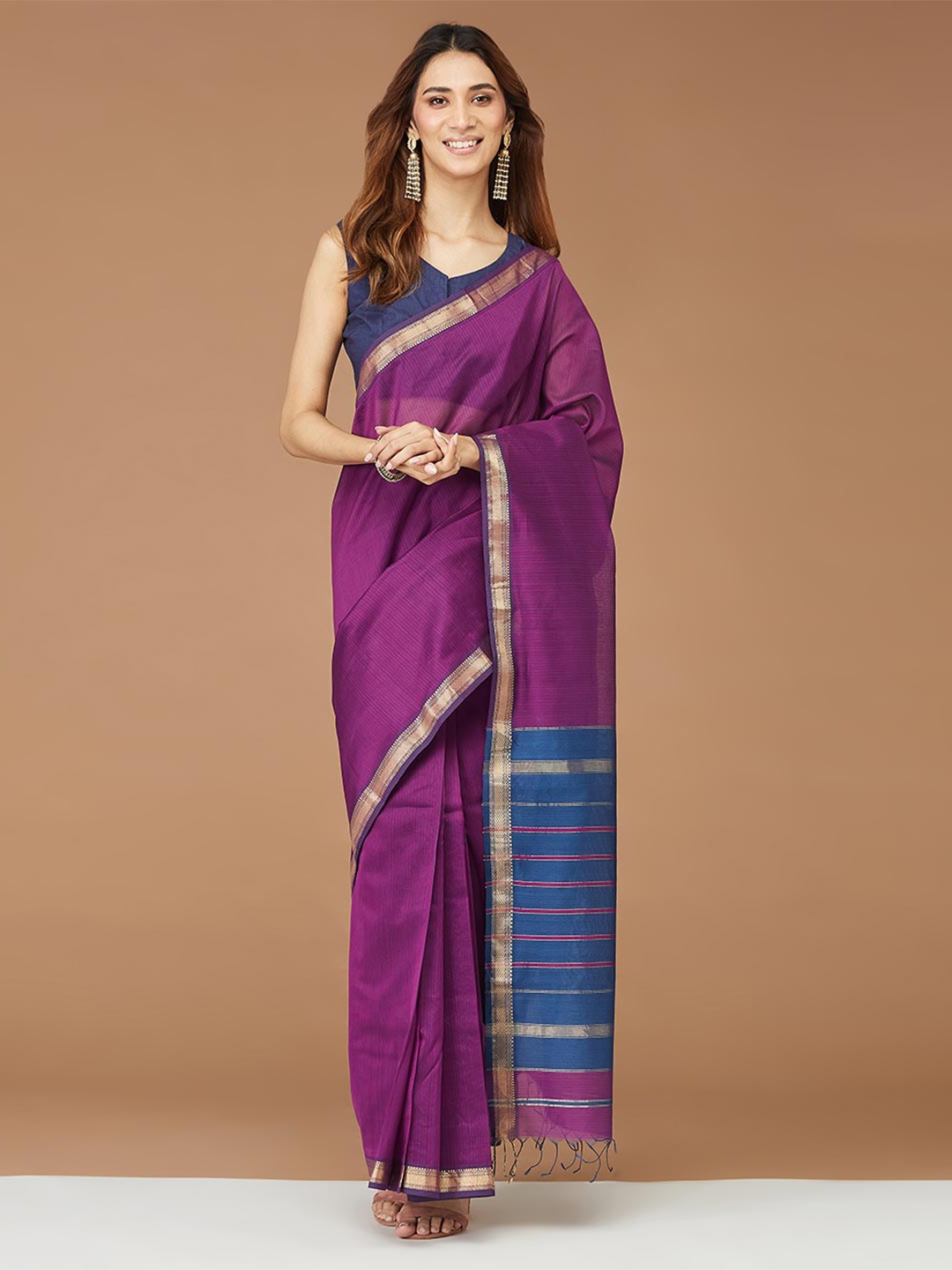 

Fabindia Purple & Blue Striped Zari Silk Cotton Ethnic Woven Stitched Saree