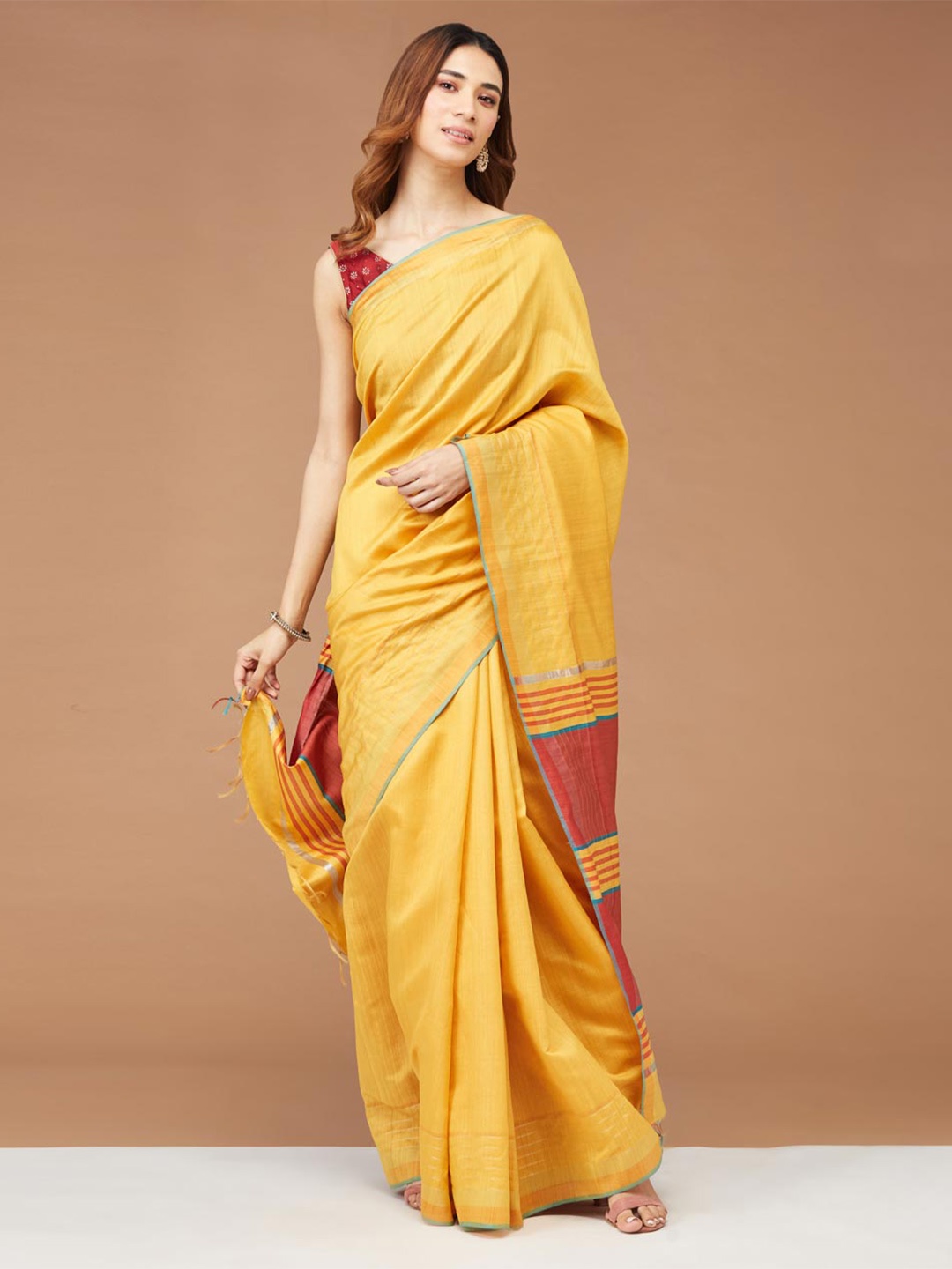 

Fabindia Mustard & Red Pure Silk Ethnic Woven Saree