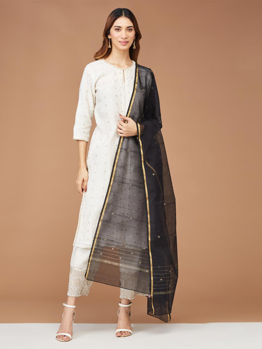 

Fabindia Ethnic Motifs Woven Design Cotton Silk Dupatta, Black