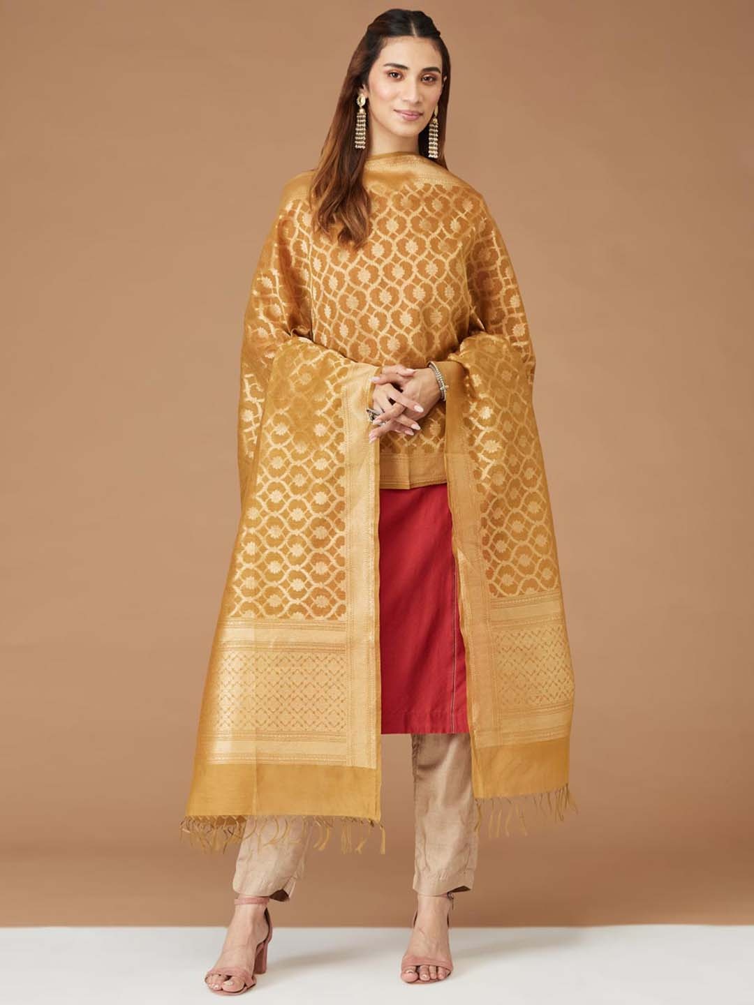 

Fabindia Ethnic Motif Woven Design Dupatta with Zari, Mustard