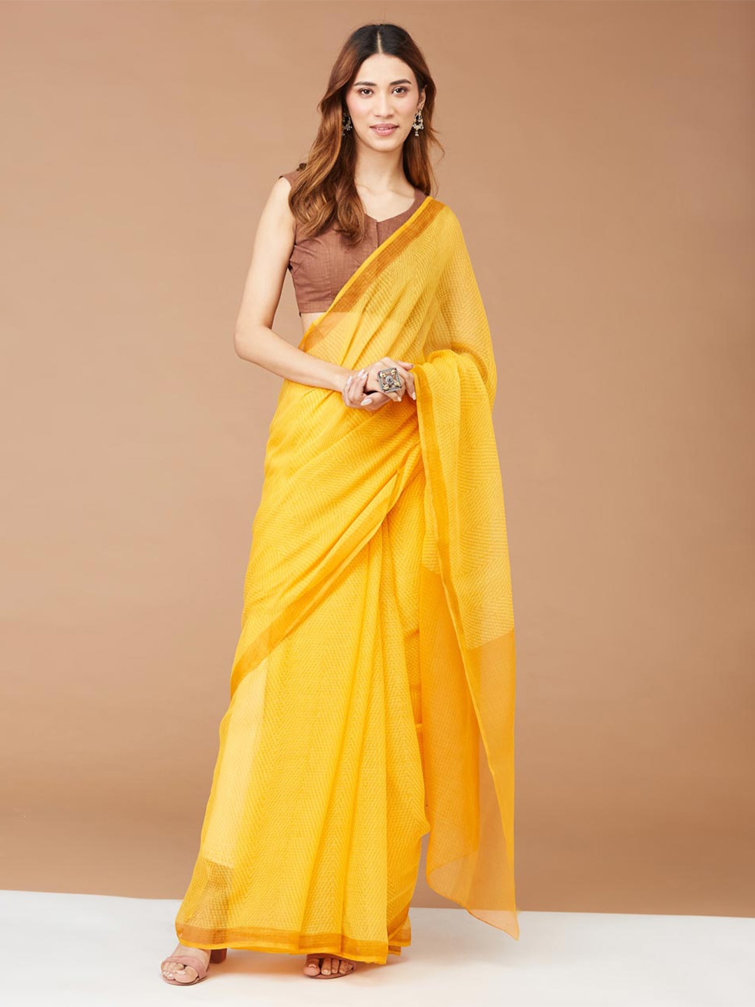 

Fabindia Yellow & Orange Striped Silk Cotton Block Print Saree