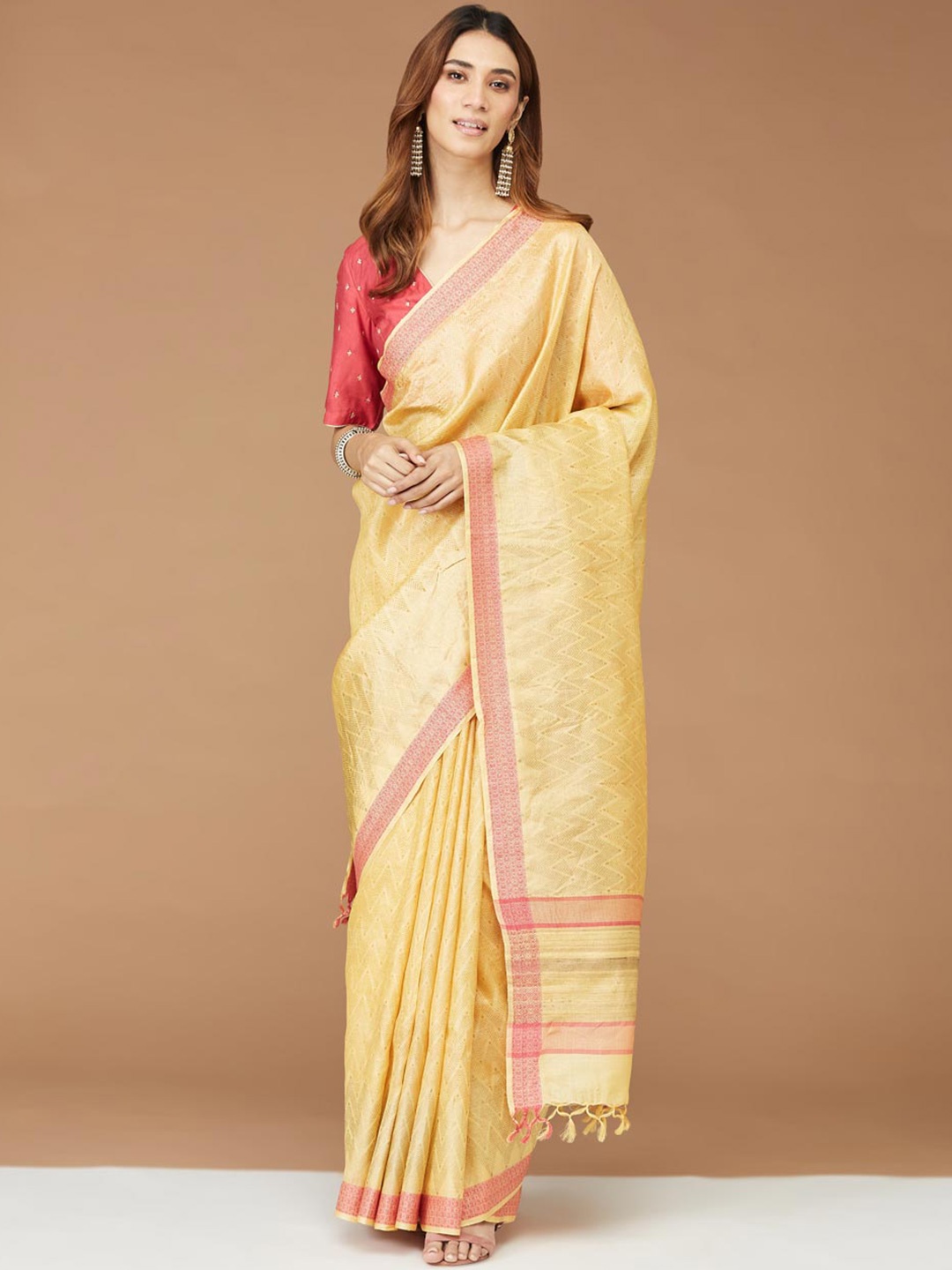 

Fabindia Yellow & Red Ethnic Woven Design Zari Tussar Cotton Saree