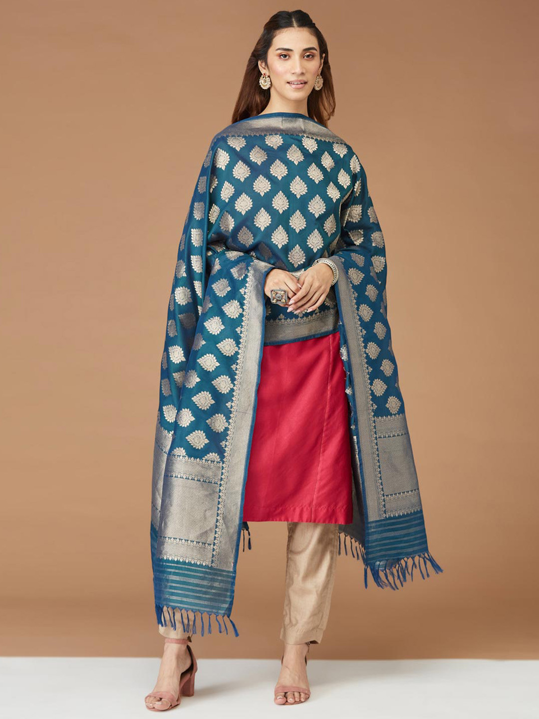 

Fabindia Ethnic Motifs Woven Design Dupatta with Zari, Teal