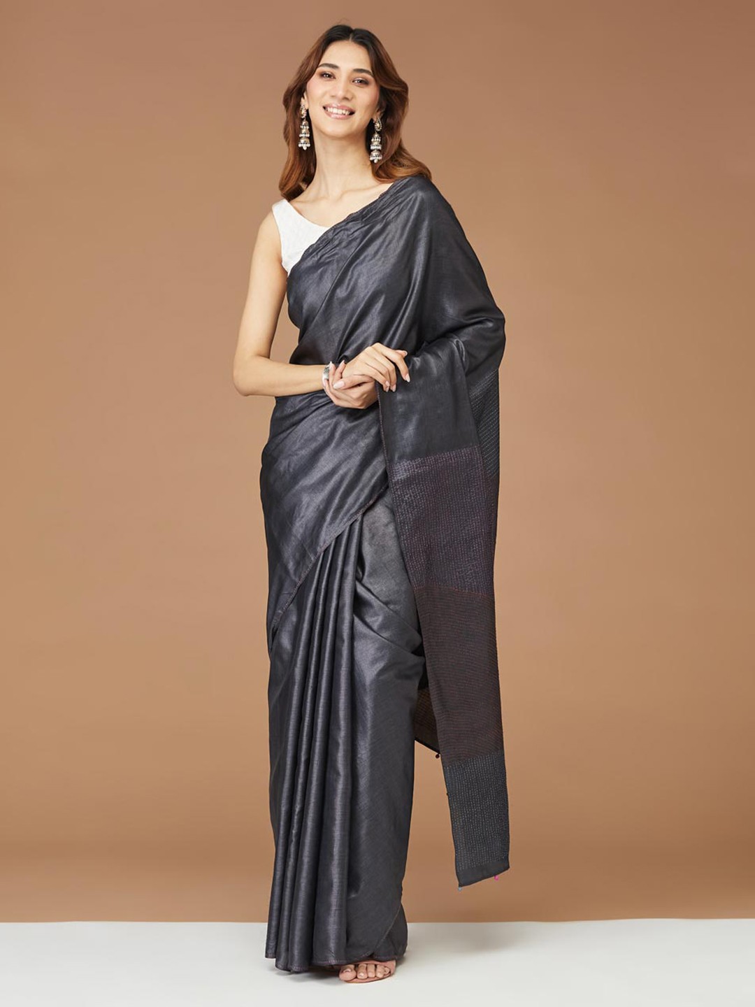

Fabindia Embroidered Pure Silk Saree, Charcoal