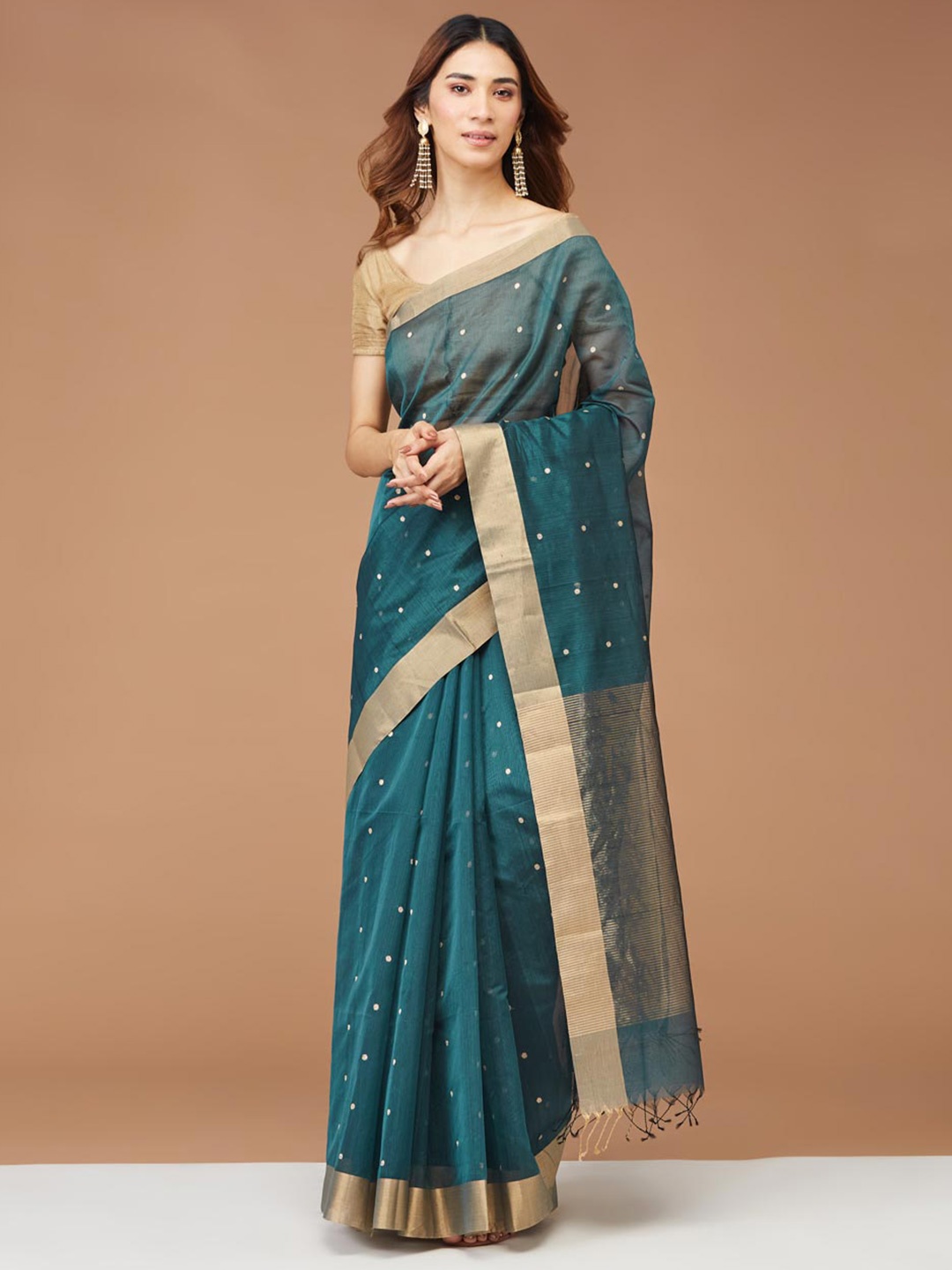 

Fabindia Teal Blue Ethnic Woven Design Silk Cotton Saree