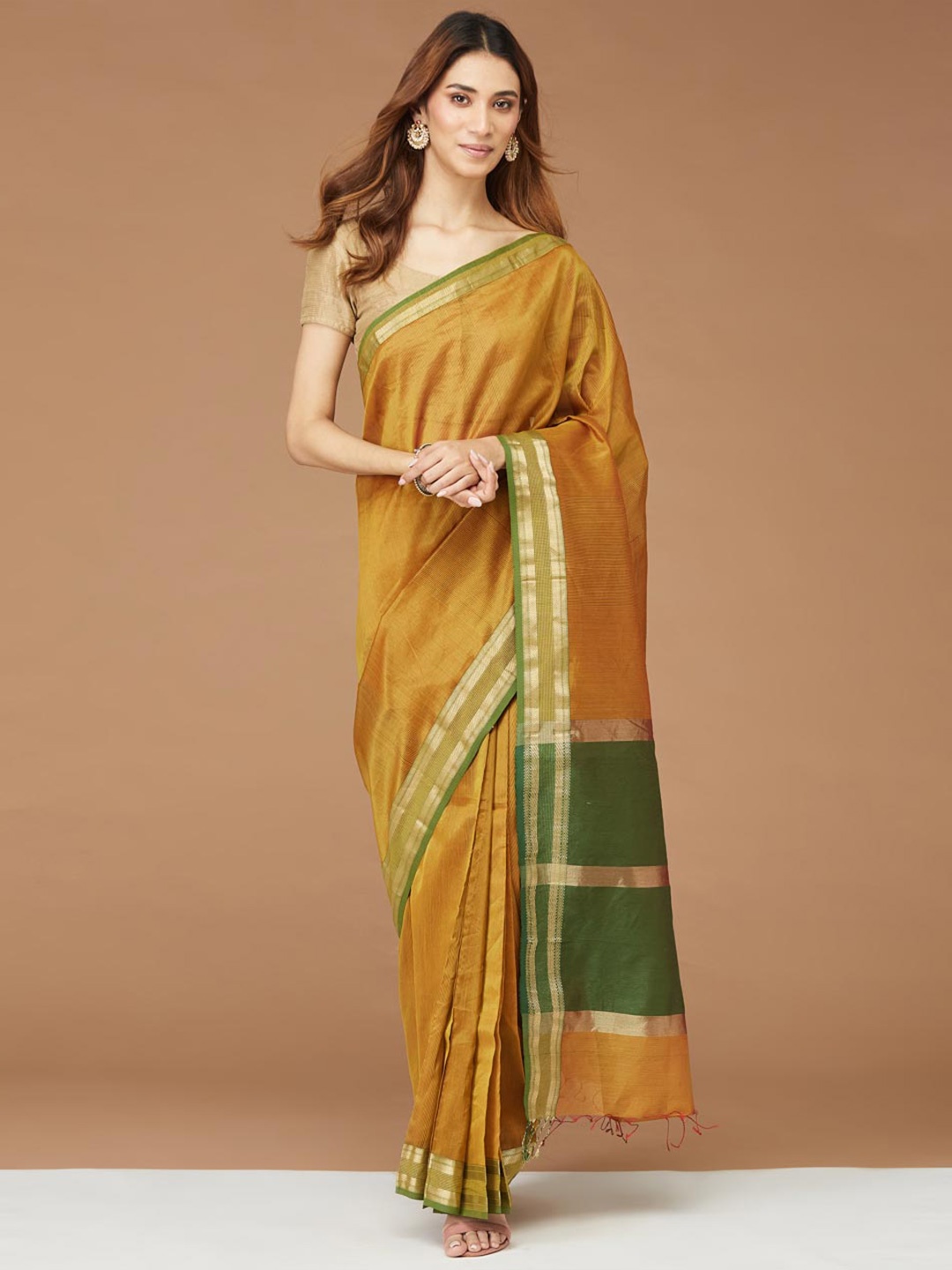 

Fabindia Yellow & Green Zari Silk Ethnic Woven Stitched Cotton Saree