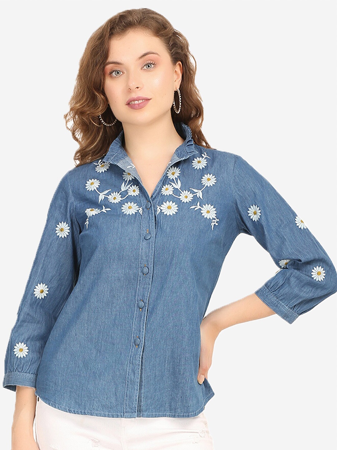 

SUMAVI-FASHION Floral Embroidered Denim Casual Shirt, Blue