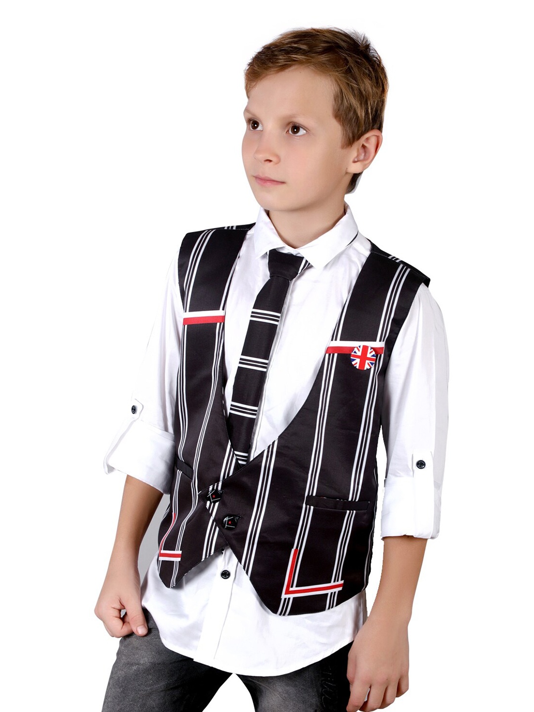 

BAESD Boys Striped Shirt With Waistcoat & Tie, Black