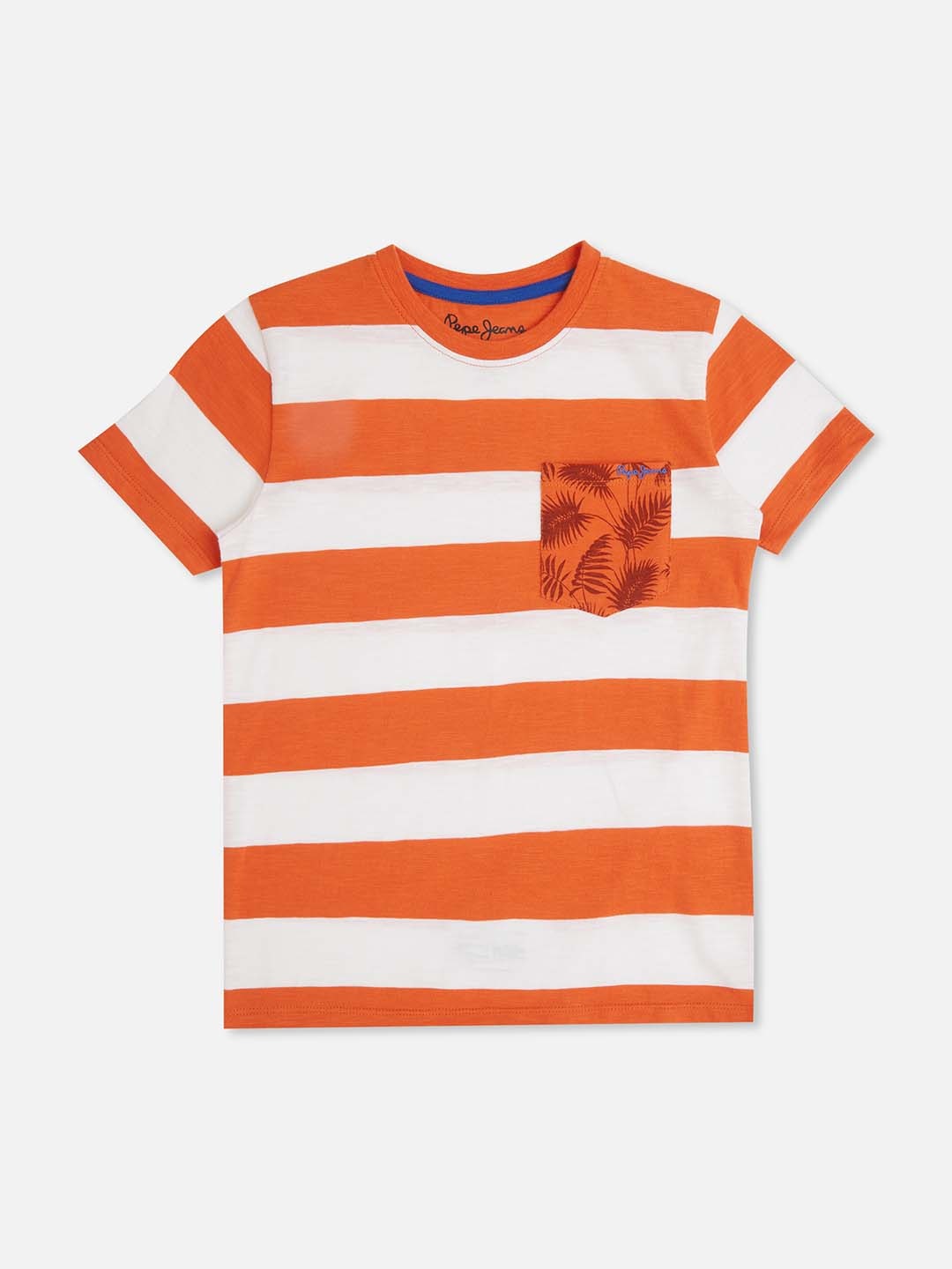 

Pepe Jeans Boys Striped Colourblocked Pure Cotton T-shirt, Orange