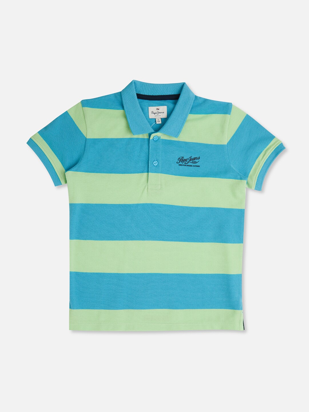 

Pepe Jeans Boys Striped Colourblocked Polo Collar Pure Cotton T-shirt, Blue