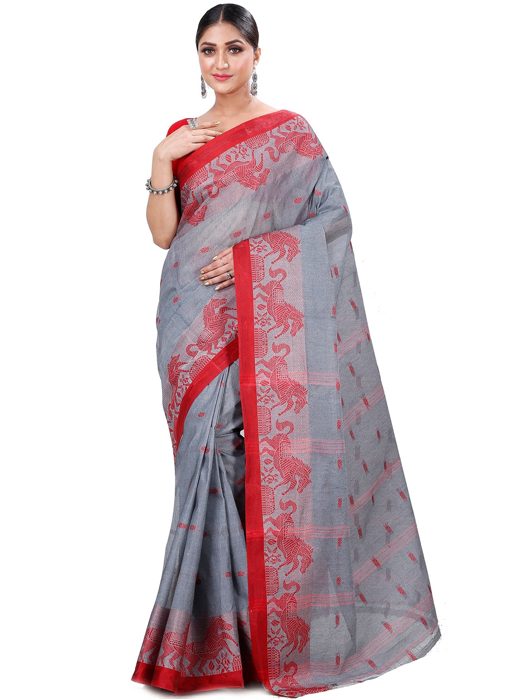 

PuJoy Woven Design Pure Cotton Taant Saree, Grey