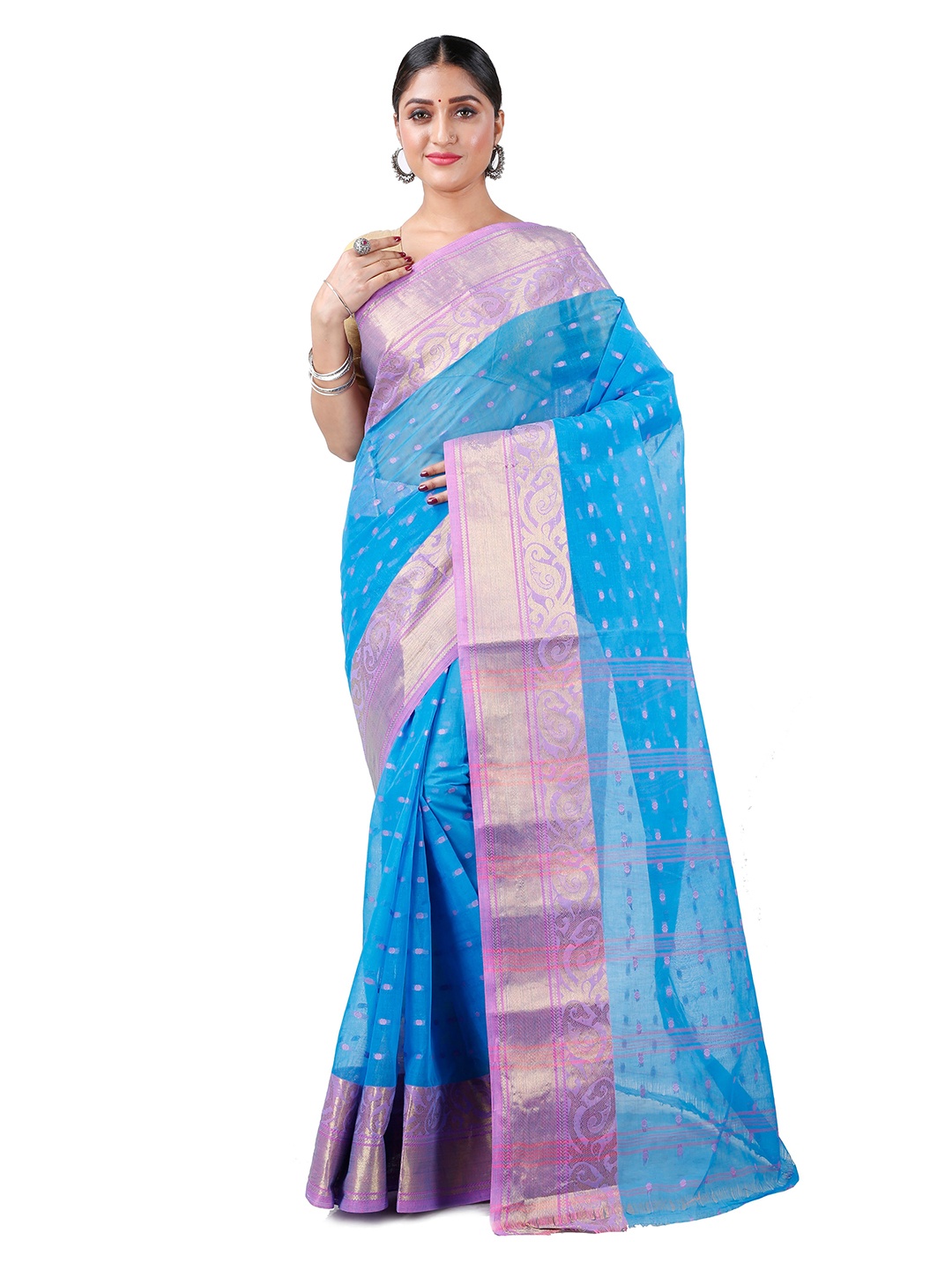 

PuJoy Ethnic Motifs Woven Design Zari Pure Cotton Handloom Taant Saree, Blue