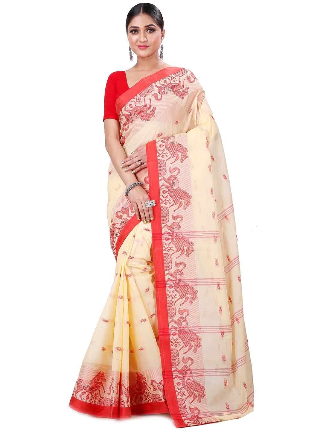 

PuJoy Floral Woven Design Pure Cotton Taant Saree, Cream