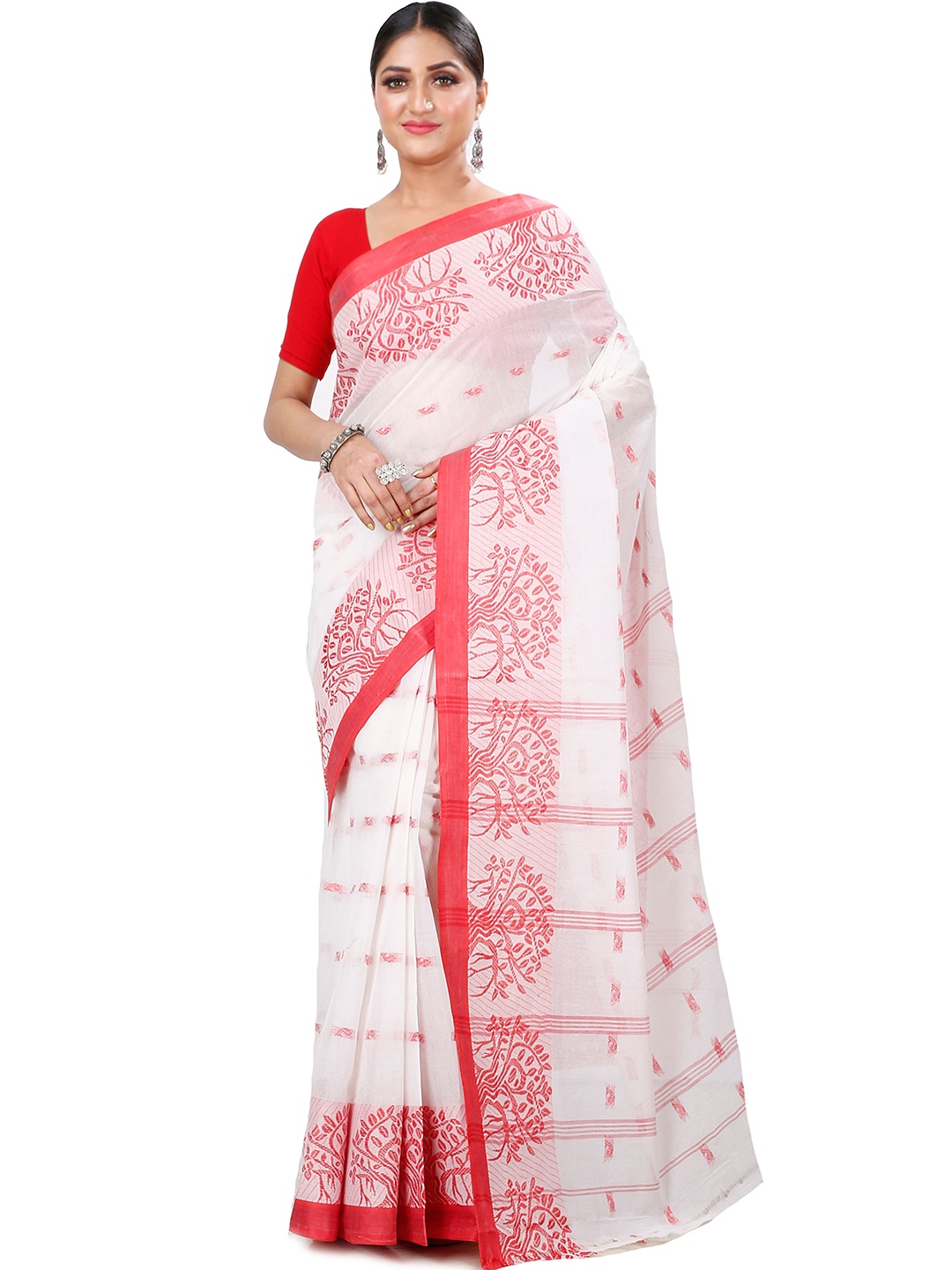 

PuJoy Floral Print Pure Cotton Taant Saree, White