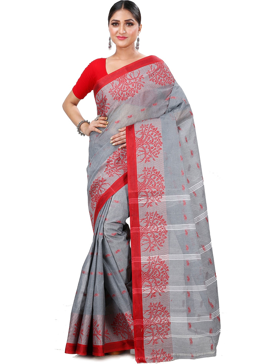 

PuJoy Floral Woven Design Pure Cotton Taant Saree, Grey