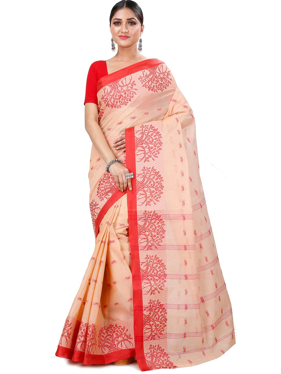 

PuJoy Woven Design Pure Cotton Taant Saree, Off white
