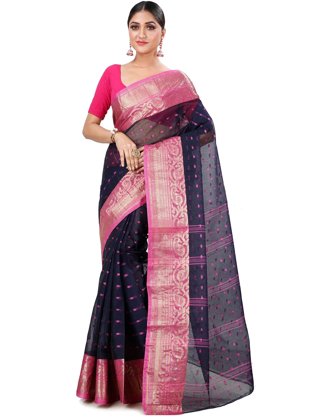 

PuJoy Woven Design Zari Pure Cotton Taant Saree, Navy blue