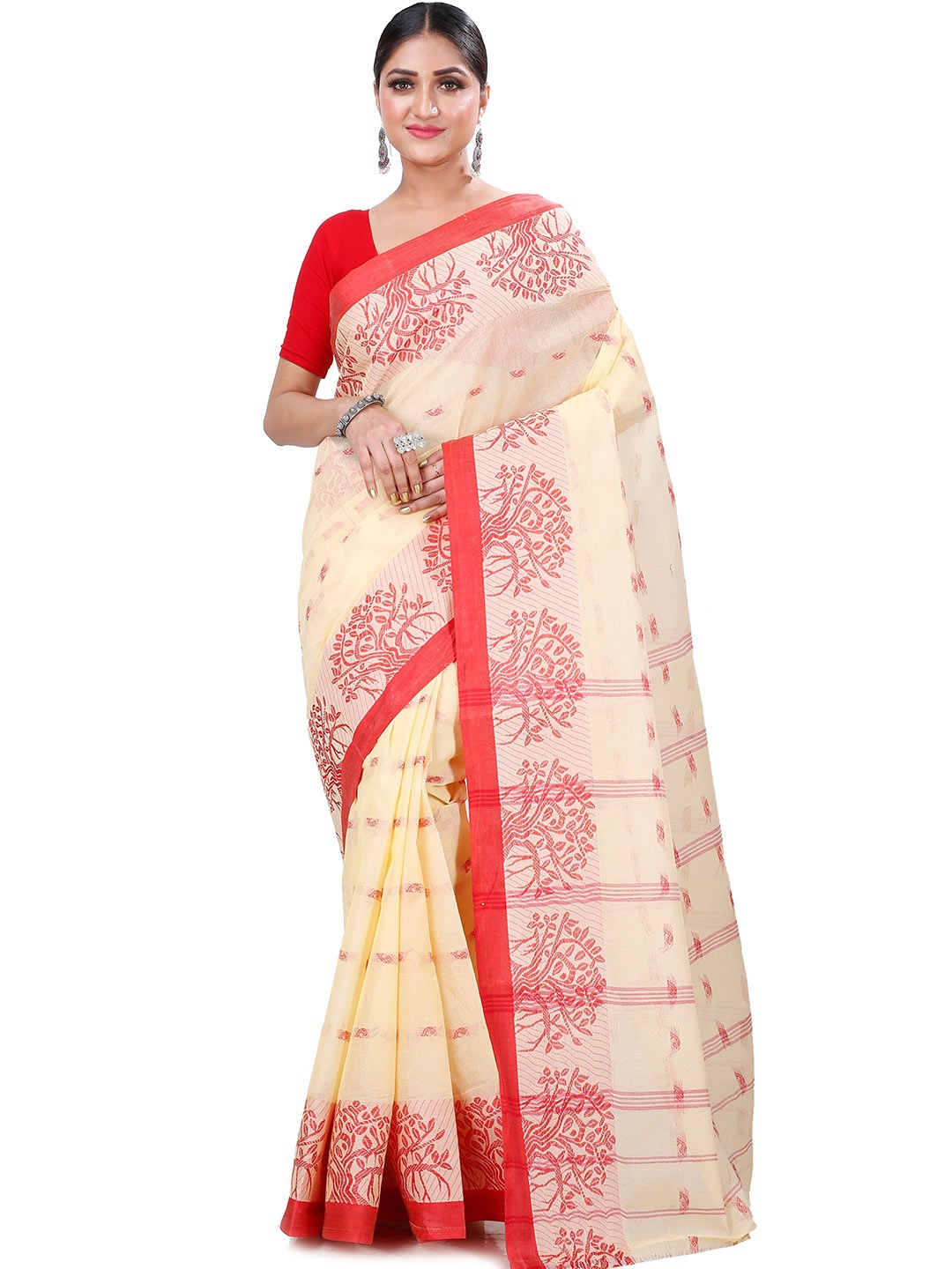 

PuJoy Woven Design Pure Cotton Taant Saree, Cream