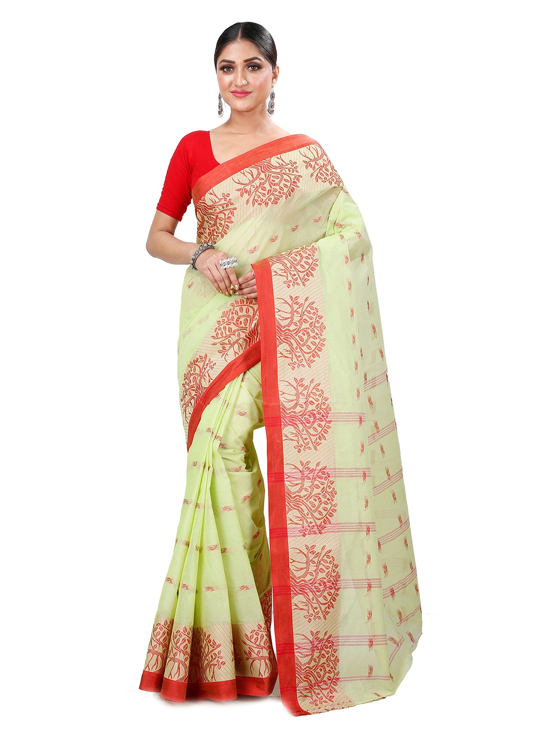 

PuJoy Woven Design Pure Cotton Taant Saree, Green