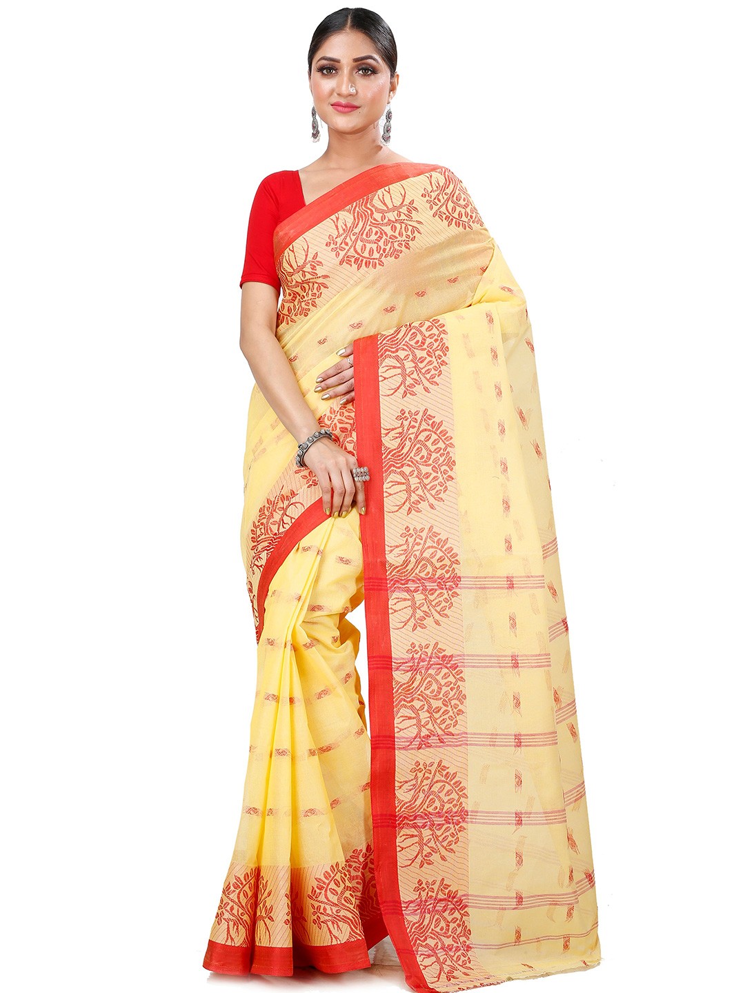 

PuJoy Floral Print Pure Cotton Handloom Taant Saree, Yellow