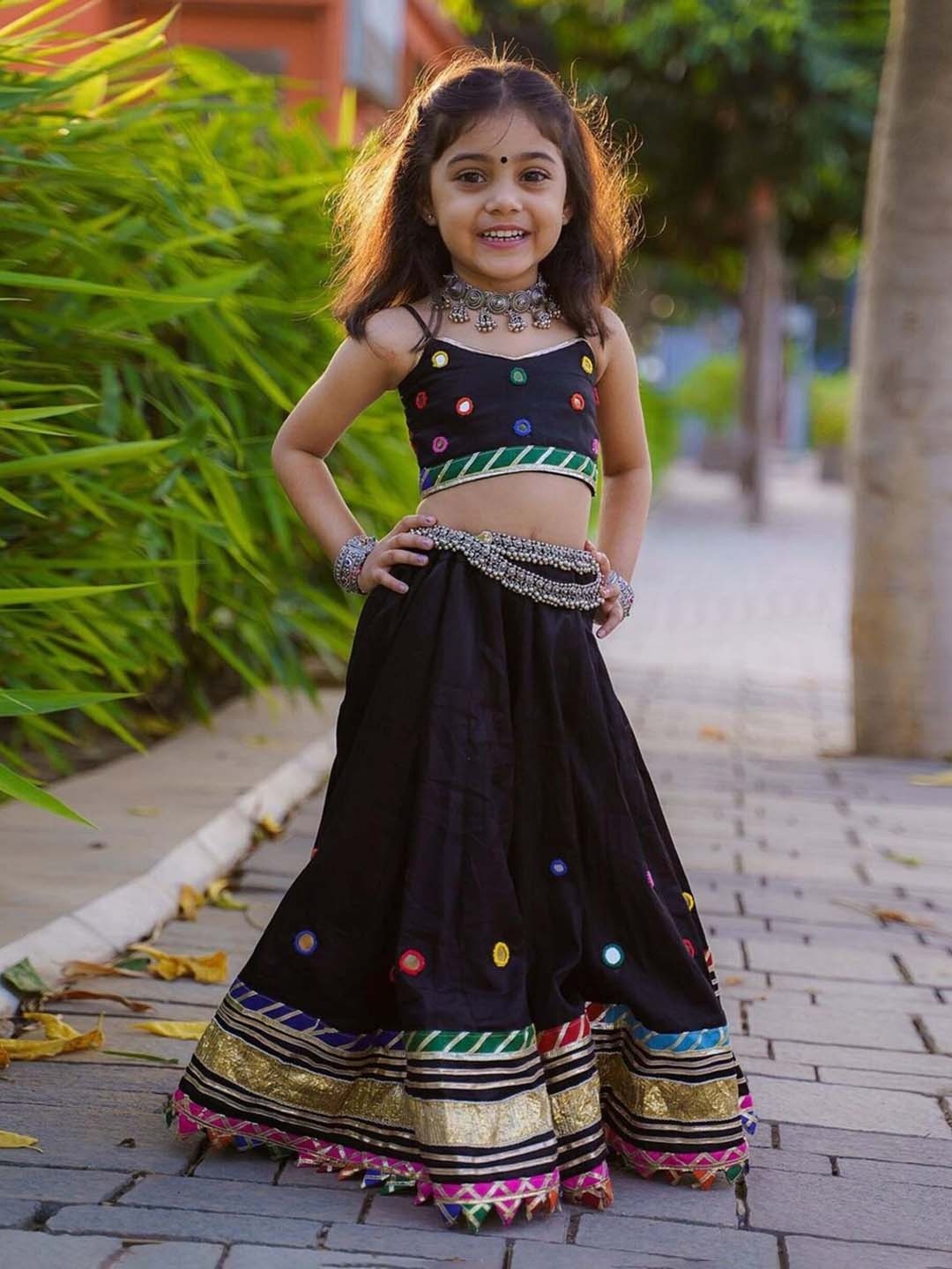 BAESD Girls Embroidered Mirror Work Ready to Wear Lehenga & Choli, Black