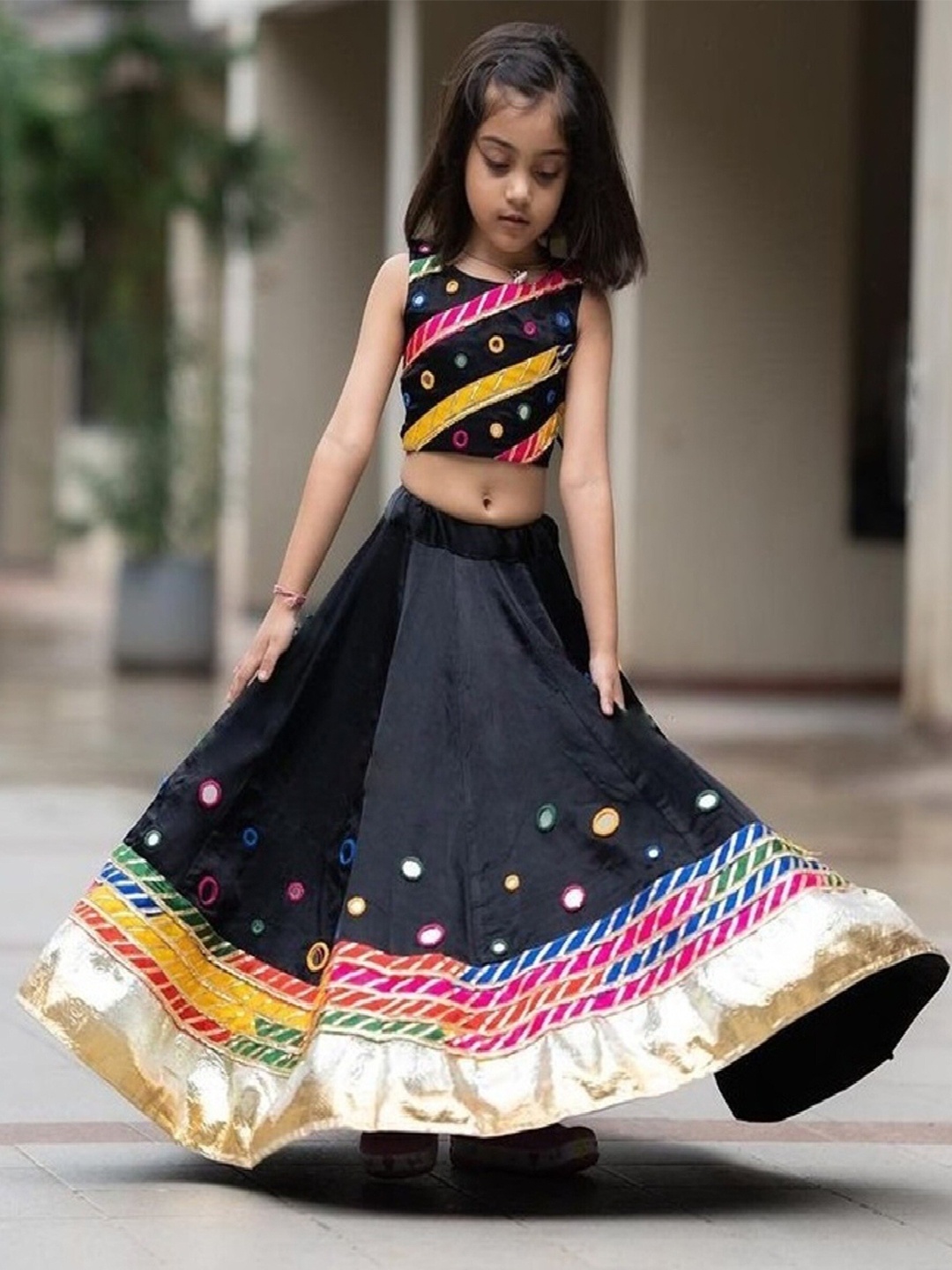 BAESD Girls Embroidered Mirror Work Ready to Wear Lehenga & Blouse, Black