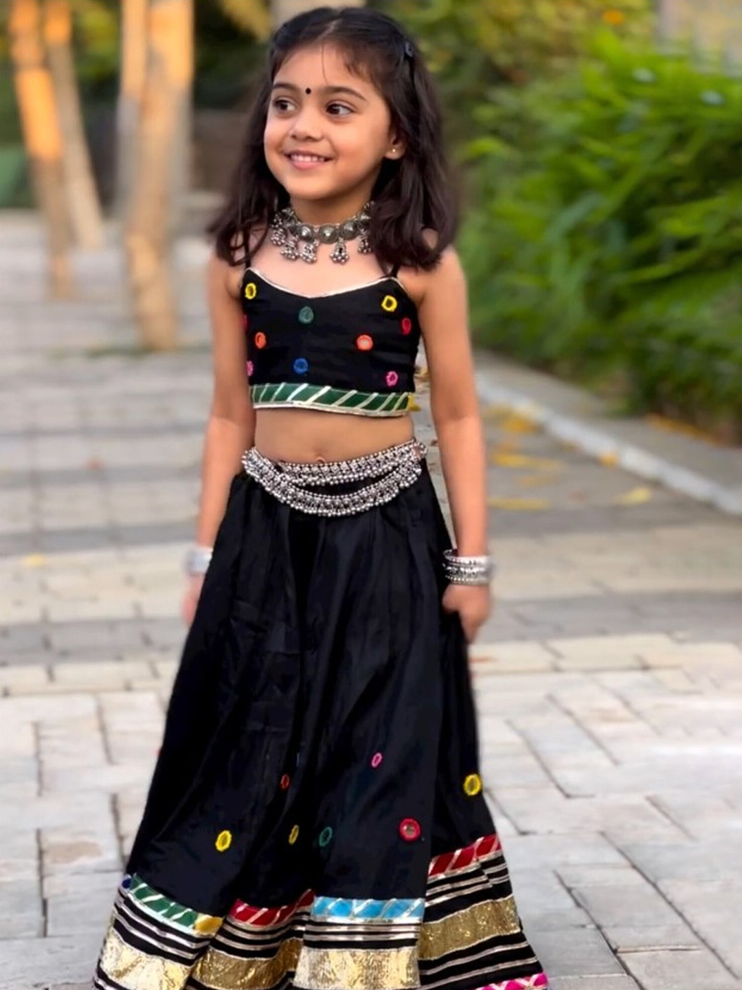 

BAESD Girls Embroidered Mirror Work Detailed Ready to Wear Lehenga With Choli, Black