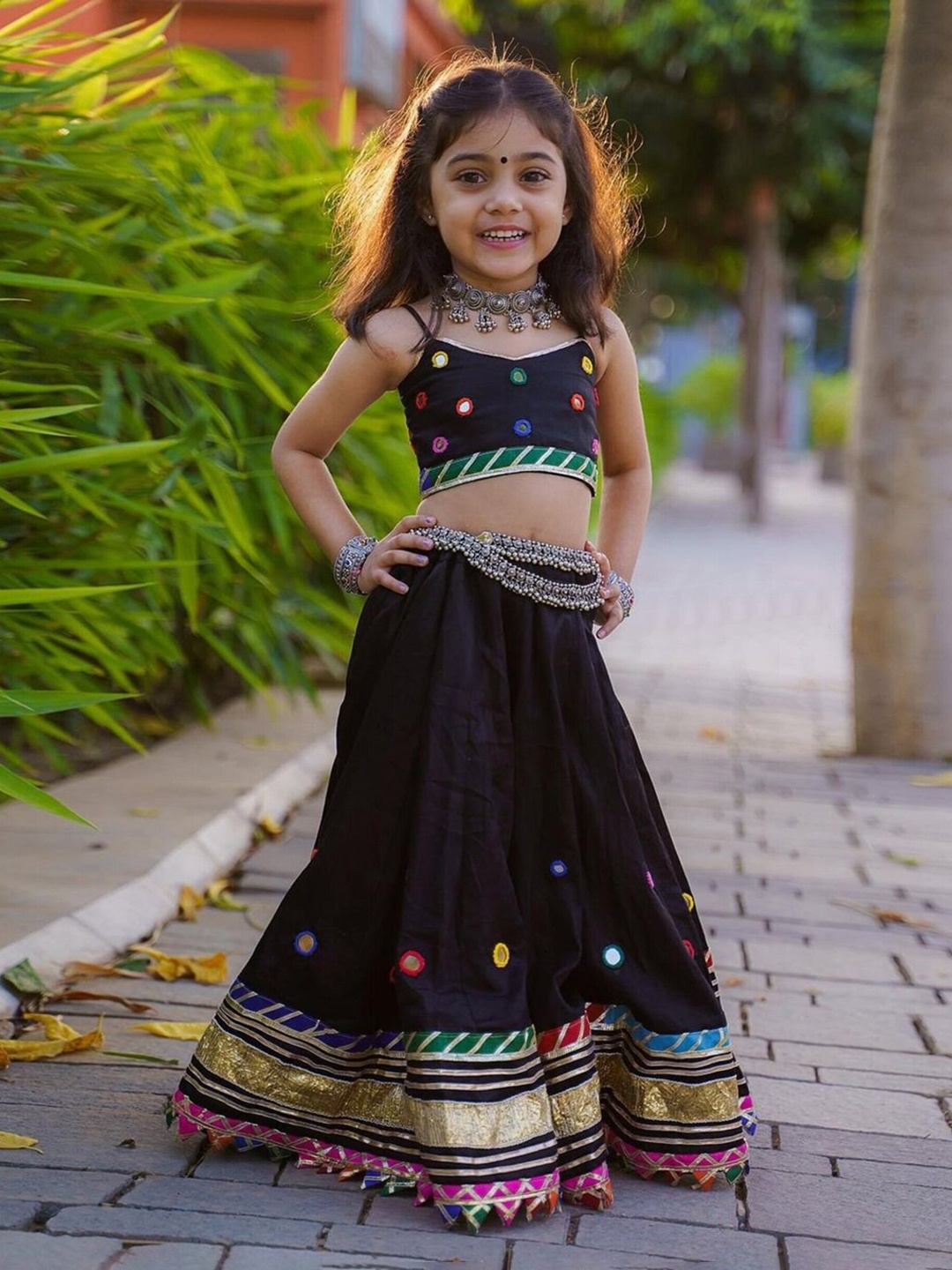 BAESD Girls Embroidered Mirror Work Ready to Wear Lehenga & Blouse, Black