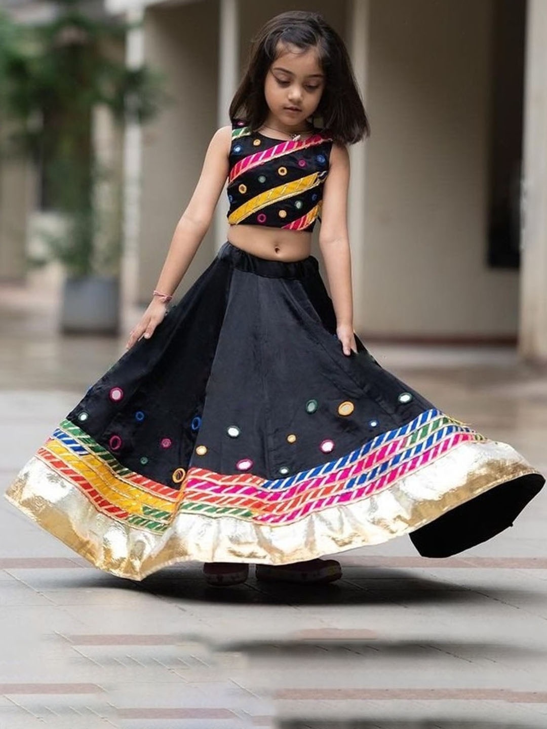 

BAESD Girls Embroidered Mirror Work Ready to Wear Lehenga & Blouse, Black