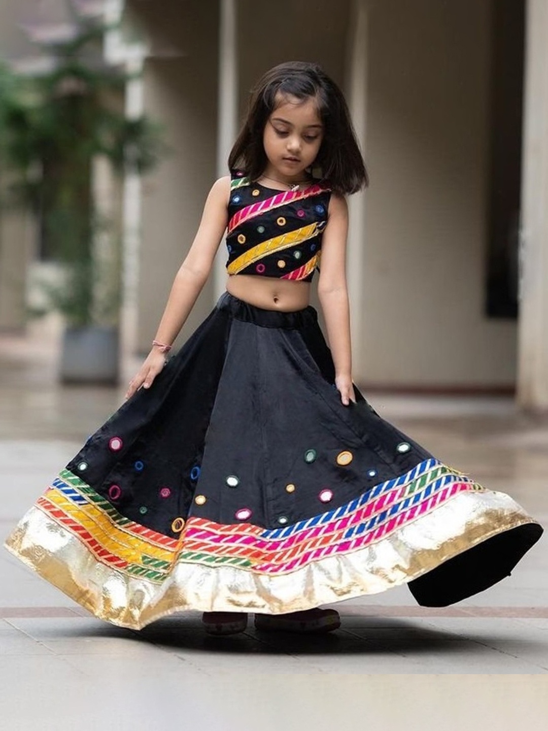 

BAESD Girls Embroidered Mirror Work Ready to Wear Lehenga & Blouse, Black