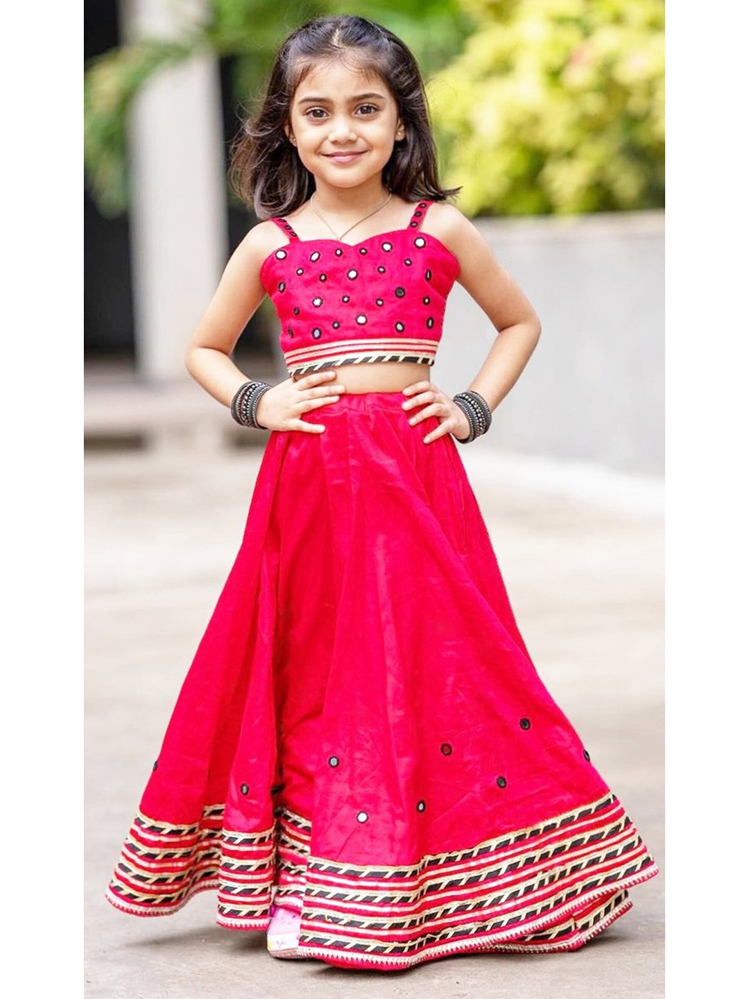 

BAESD Girls Embroidered Mirror Work Ready to Wear Lehenga & Blouse, Pink