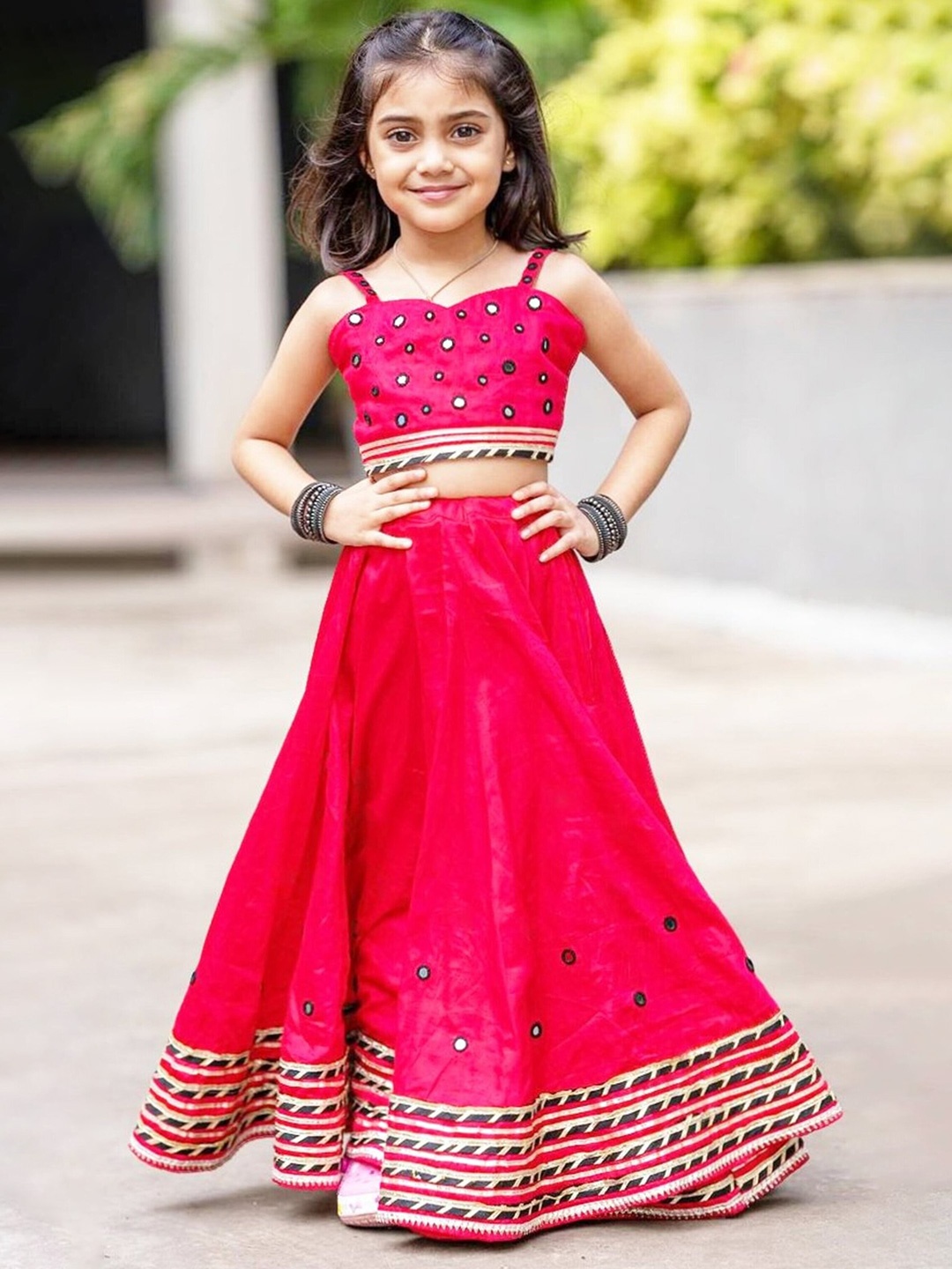 

BAESD Girls Embroidered Mirror Work Ready to Wear Lehenga & Choli, Pink