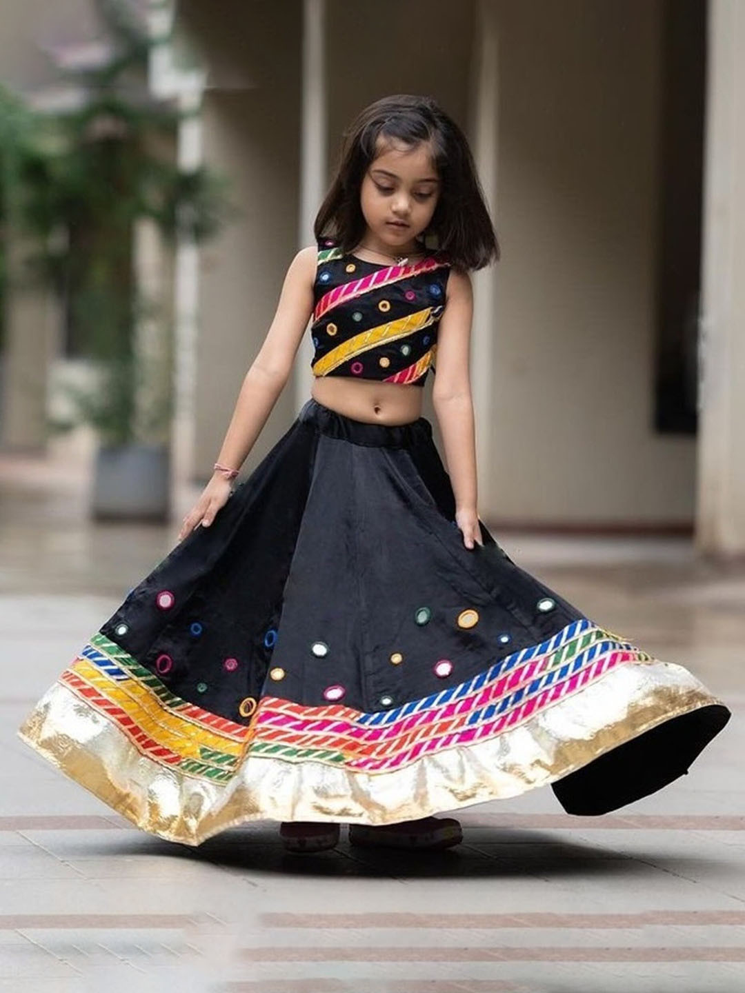

BAESD Girls Embroidered Mirror Work Ready to Wear Lehenga & Choli, Black