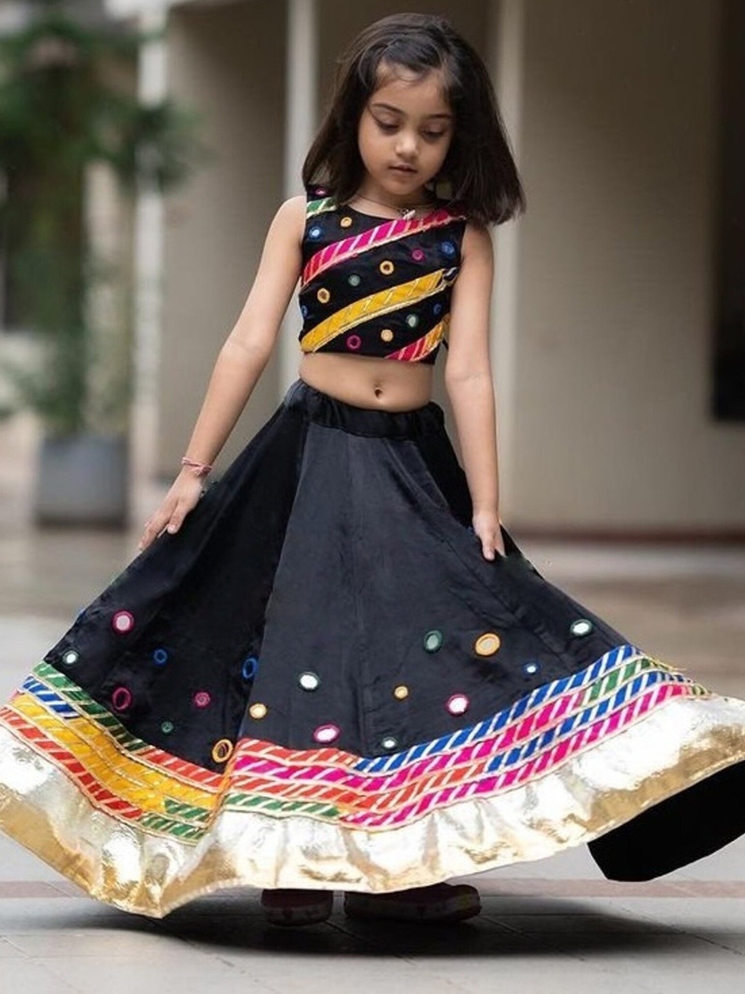 

BAESD Girls Embroidered Mirror Work Ready to Wear Lehenga & Blouse, Black
