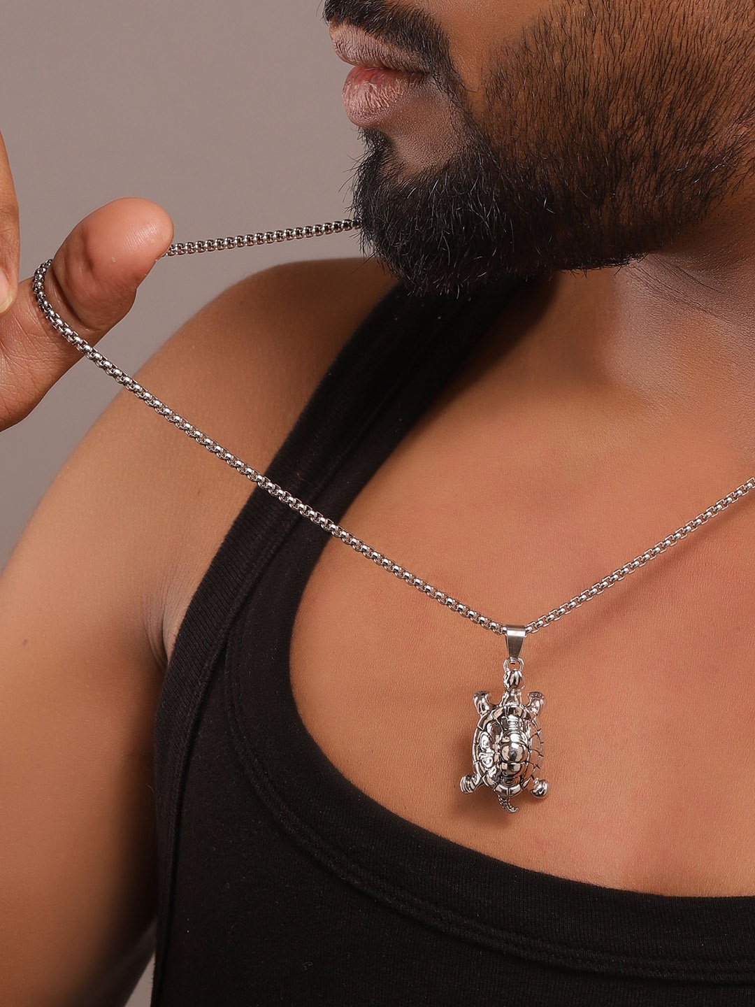 

Roadster Silver-Plated Turtle Texture Pendant & chain, Tan
