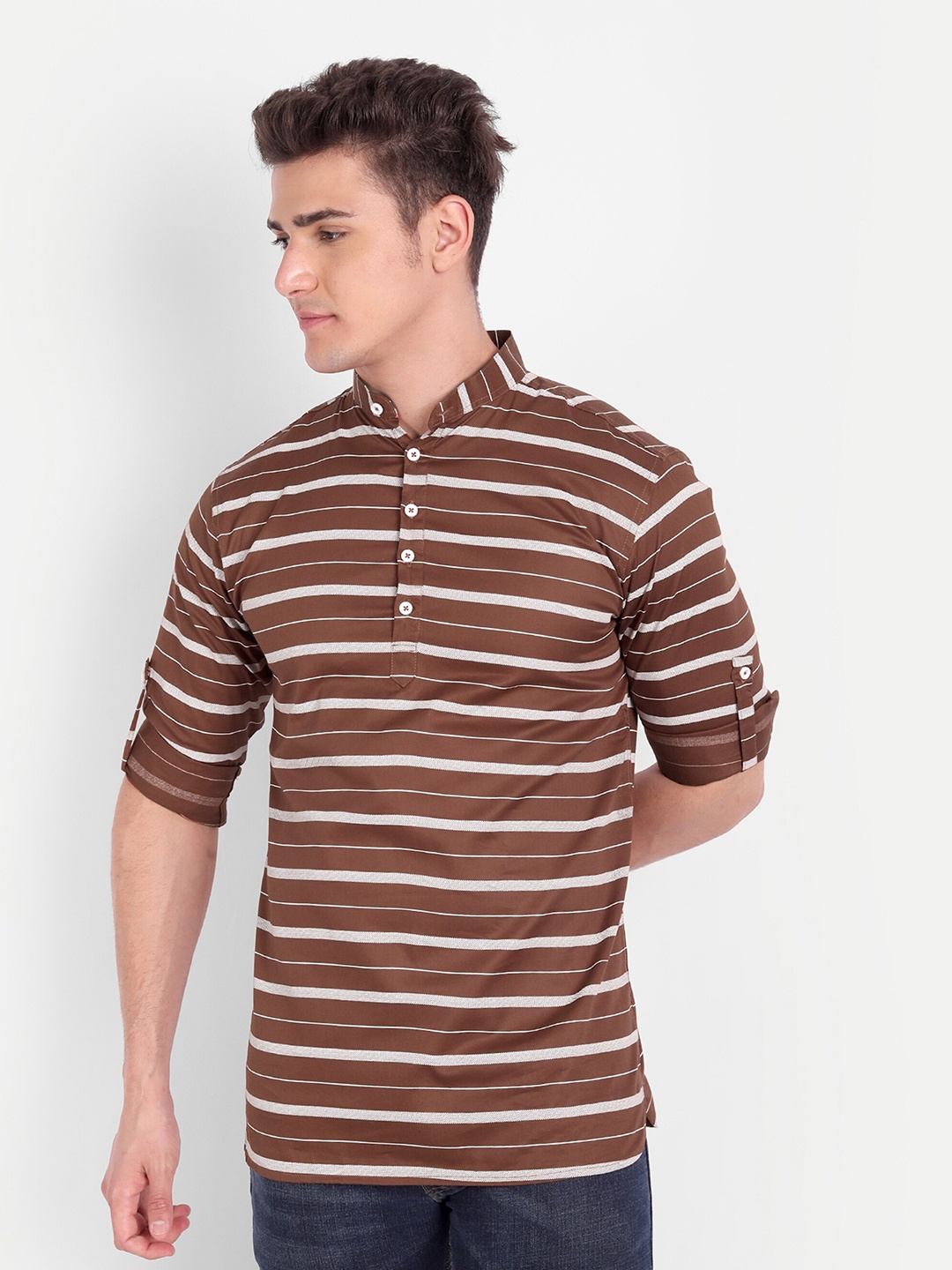 

Vida Loca Striped Pure Cotton Mandarin Collar Kurta, Rust