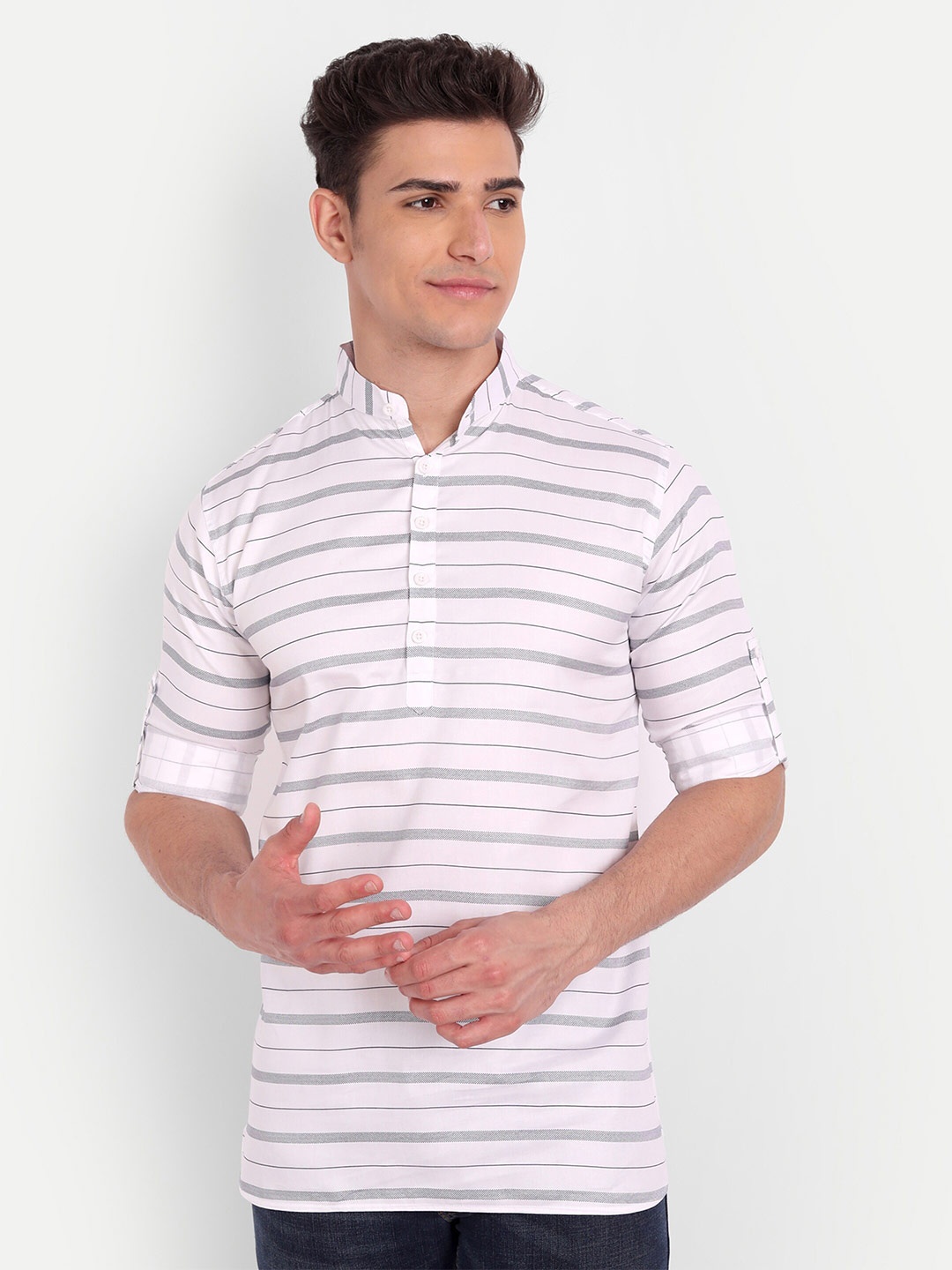 

Vida Loca Striped Pure Cotton Mandarin Collar Kurta, White