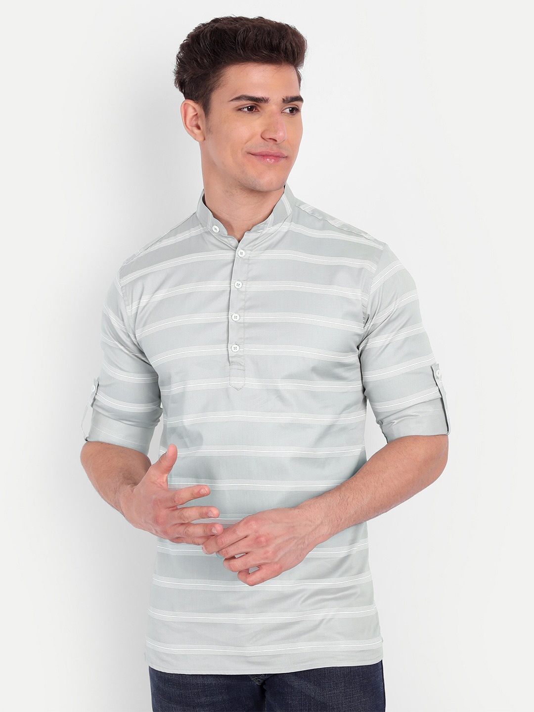 

Vida Loca Striped Mandarin Collar Roll Up Sleeves Pure Cotton Kurta, Sea green