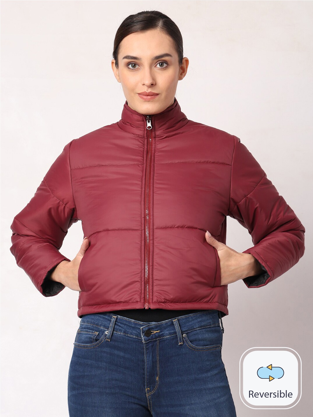 

Mark Leute Reversible Mock Collar Crop Padded Jacket, Maroon