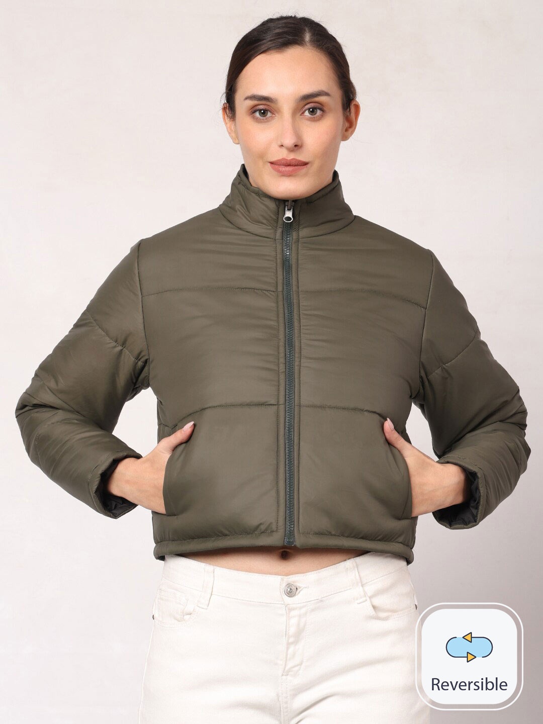 

Mark Leute Reversible Mock Collar Crop Padded Jacket, Olive