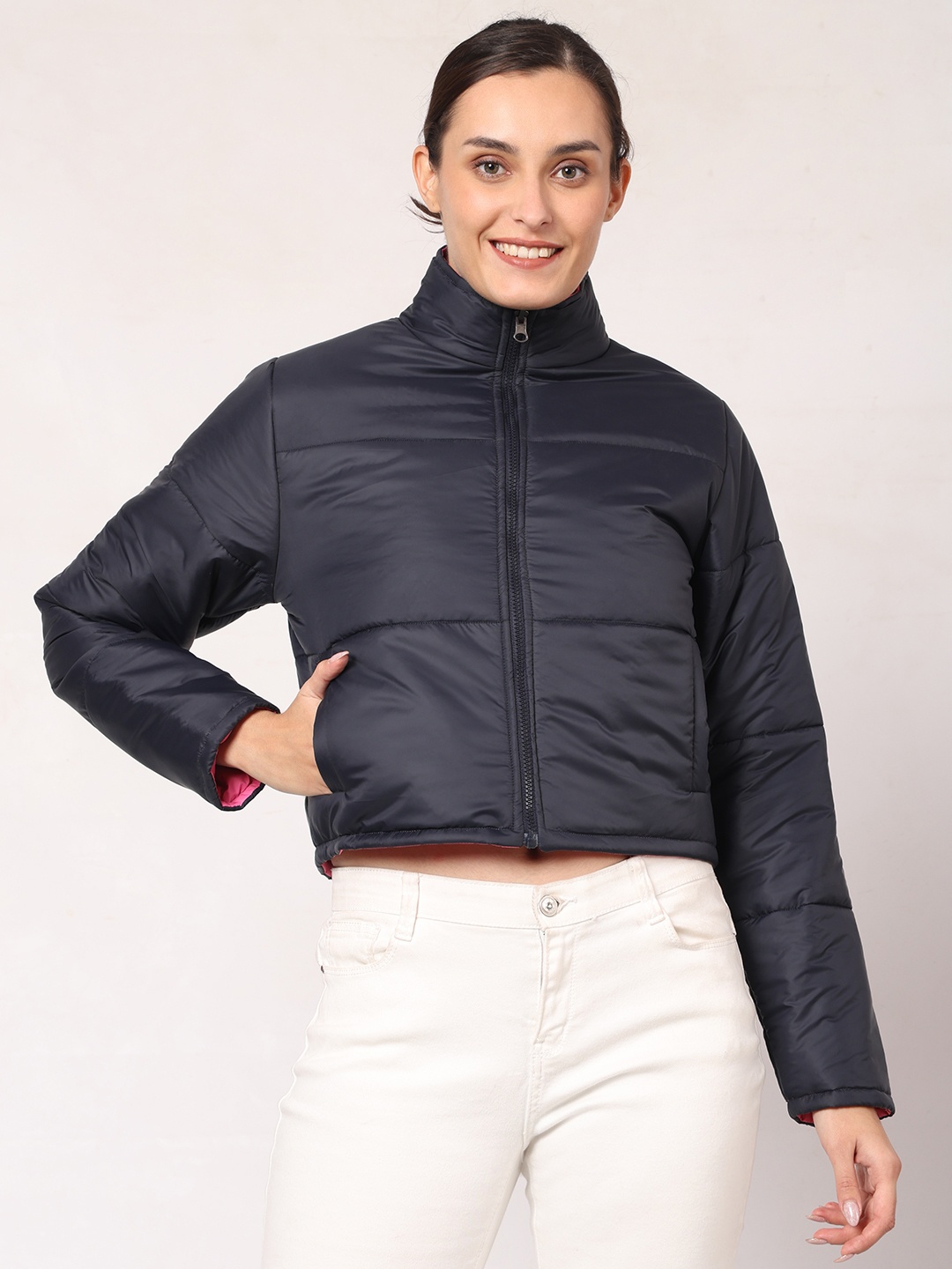 

Mark Leute Reversible Mock Collar Crop Padded Jacket, Navy blue
